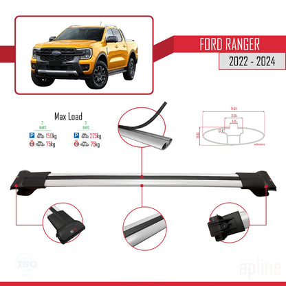 Compatible avec Ford Ranger (P703) 2022-2024 FLY Model Barres de Toit Railing Porte-Bagages de Voiture Gris Aluminium 2 Barres
