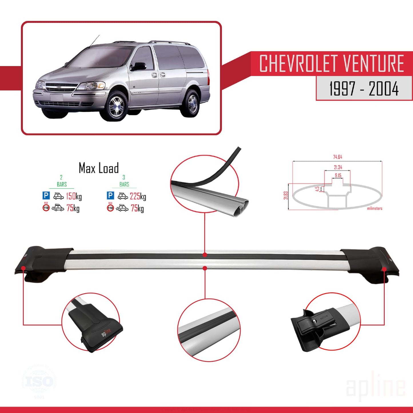 Compatible avec Chevrolet Venture 1997-2004 FLY Model Barres de Toit Railing Porte-Bagages de Voiture Gris Aluminium 4 Barres