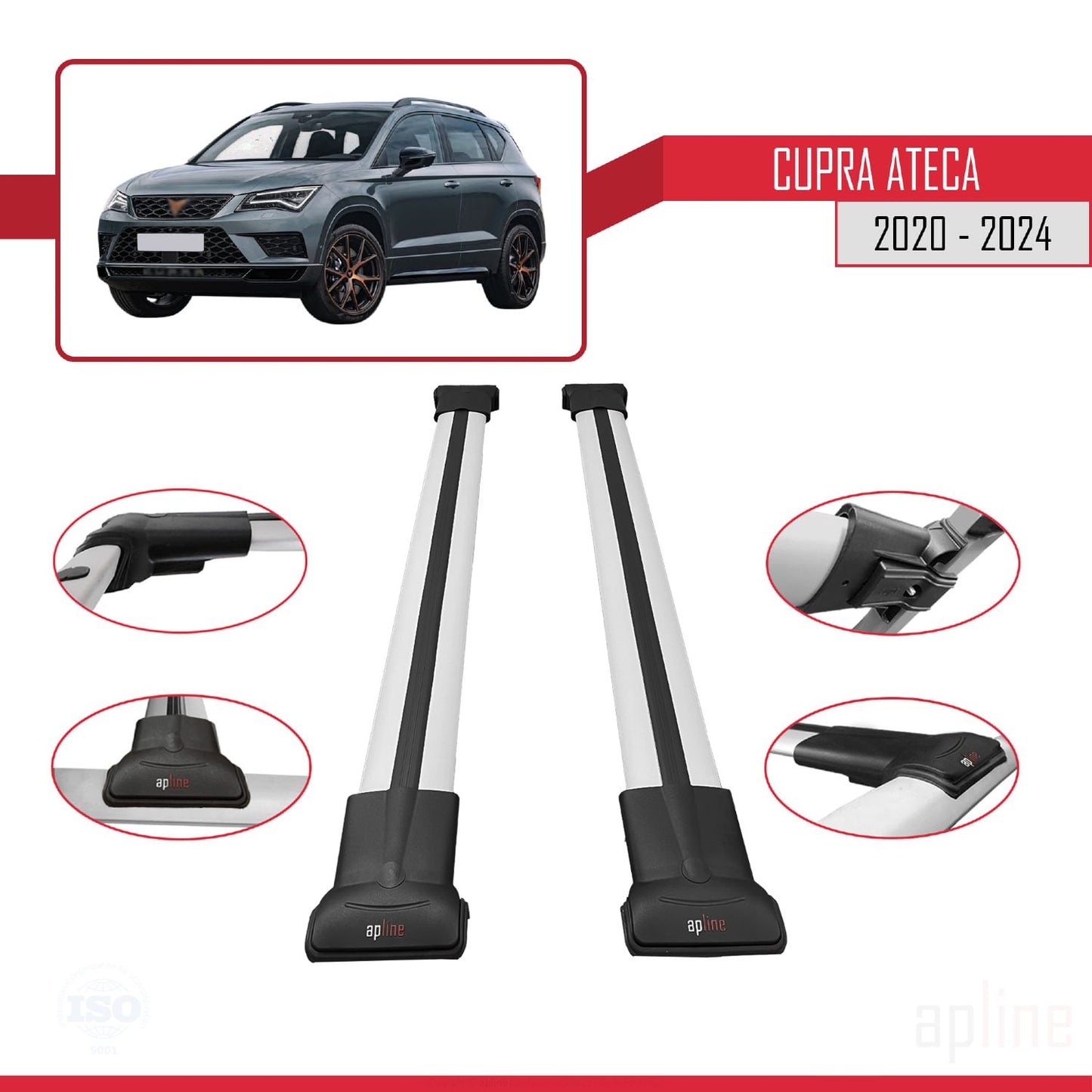 Compatible avec Cupra Ateca 2020-2024 FLY Model Barres de Toit Railing Porte-Bagages de Voiture Gris Aluminium 2 Barres
