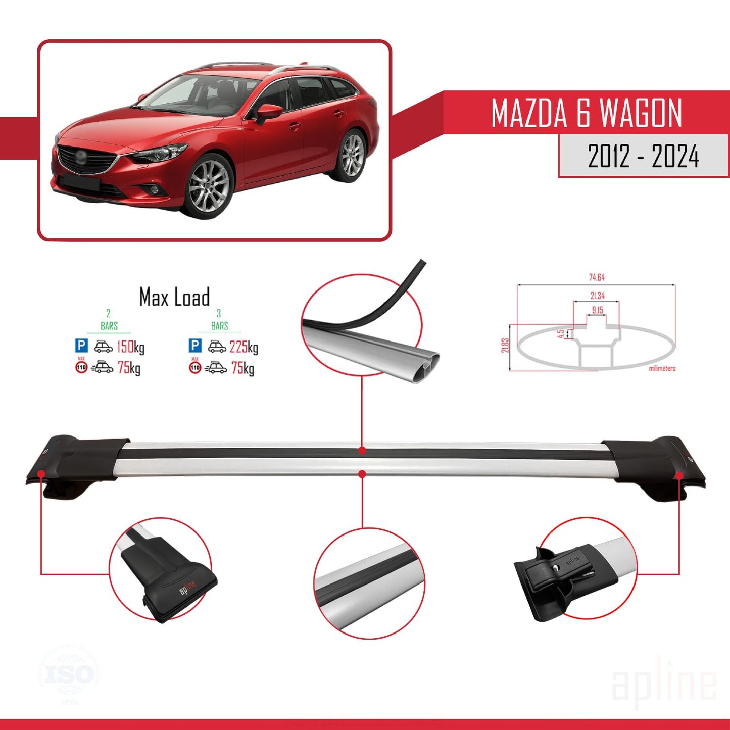 Compatible avec Mazda 6 Wagon 2012-2024 FLY Model Barres de Toit Railing Porte-Bagages de Voiture Gris Aluminium 3 Barres