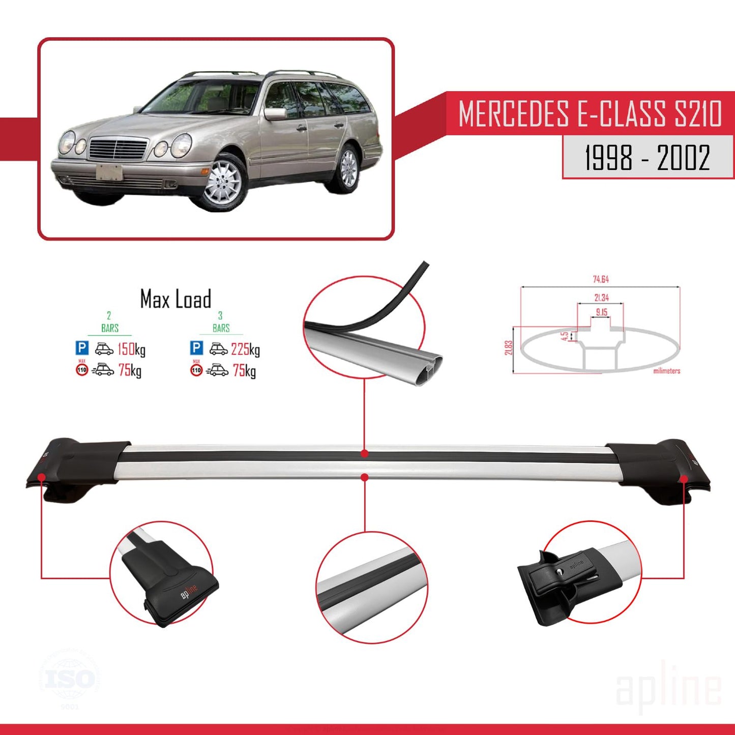 Compatible avec Mercedes E Class S210 Wagon 1998-2002 FLY Model Barres de Toit Railing Porte-Bagages de Voiture Gris Aluminium 2 Barres