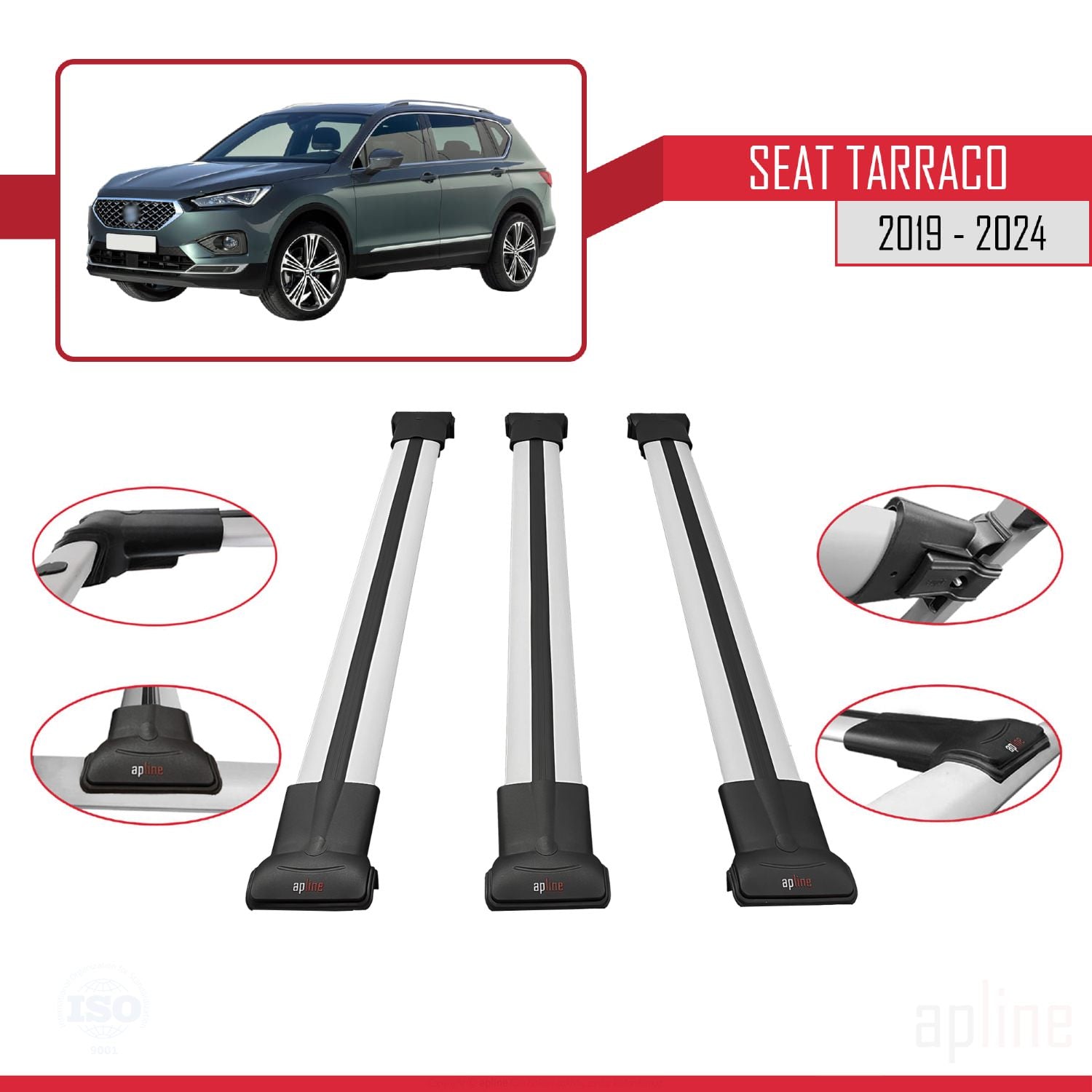 Compatible avec Seat Tarraco 2019-2024 FLY Model Barres de Toit Railing Porte-Bagages de Voiture Gris Aluminium 3 Barres