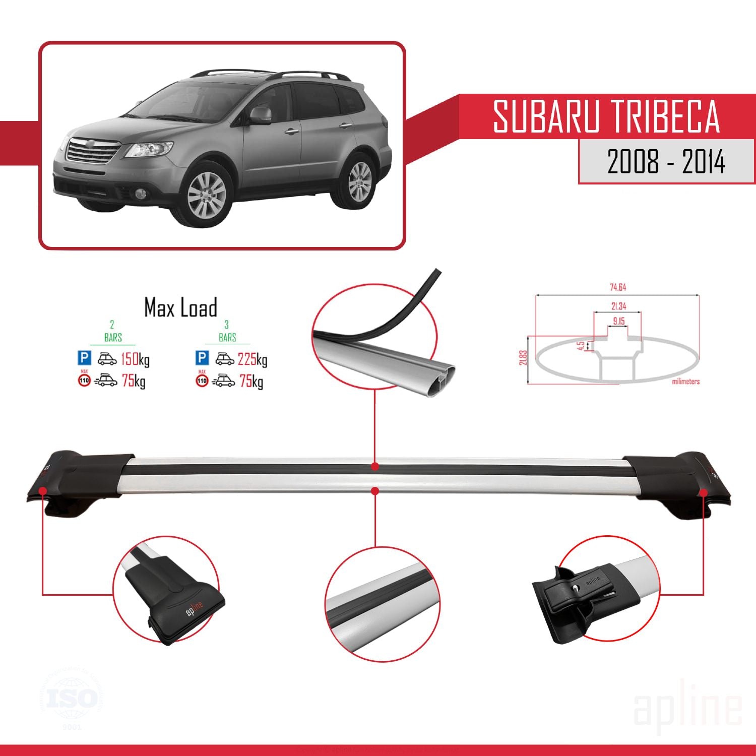 Compatible avec Subaru Tribeca 2008-2014 FLY Model Barres de Toit Railing Porte-Bagages de Voiture Gris Aluminium 2 Barres