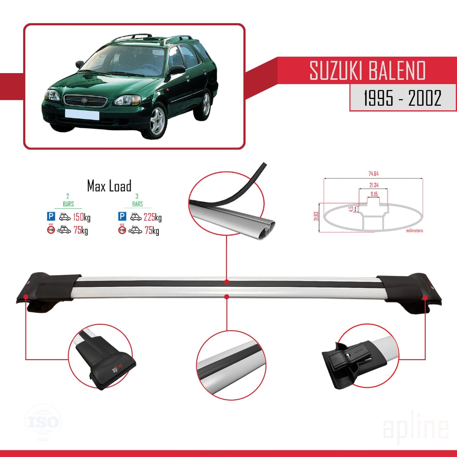 Compatible avec Suzuki Baleno 1995-2002 FLY Model Barres de Toit Railing Porte-Bagages de Voiture Gris Aluminium 2 Barres