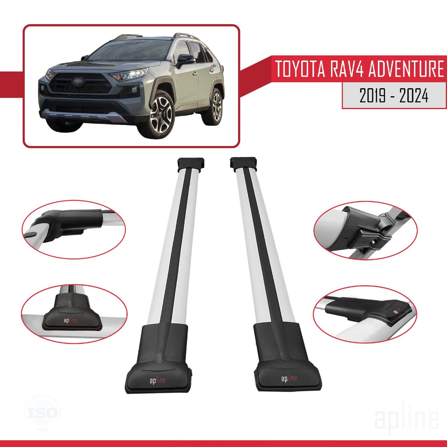 Compatible avec Toyota RAV4 Adventure 2019-2024 FLY Model Barres de Toit Railing Porte-Bagages de Voiture Gris Aluminium 2 Barres