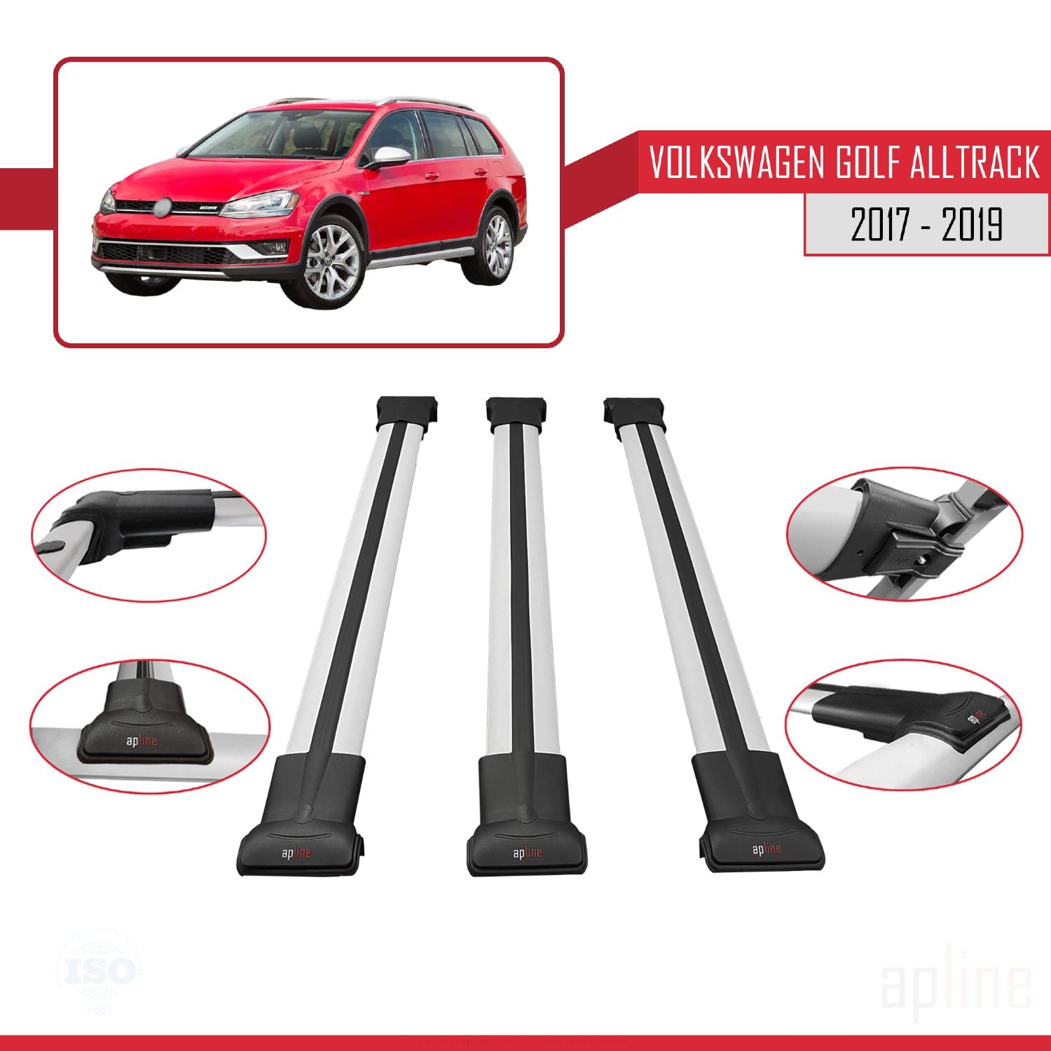 Compatible avec VW Golf Alltrack Mk7 2017-2019 FLY Model Barres de Toit Railing Porte-Bagages de Voiture Gris Aluminium 3 Barres