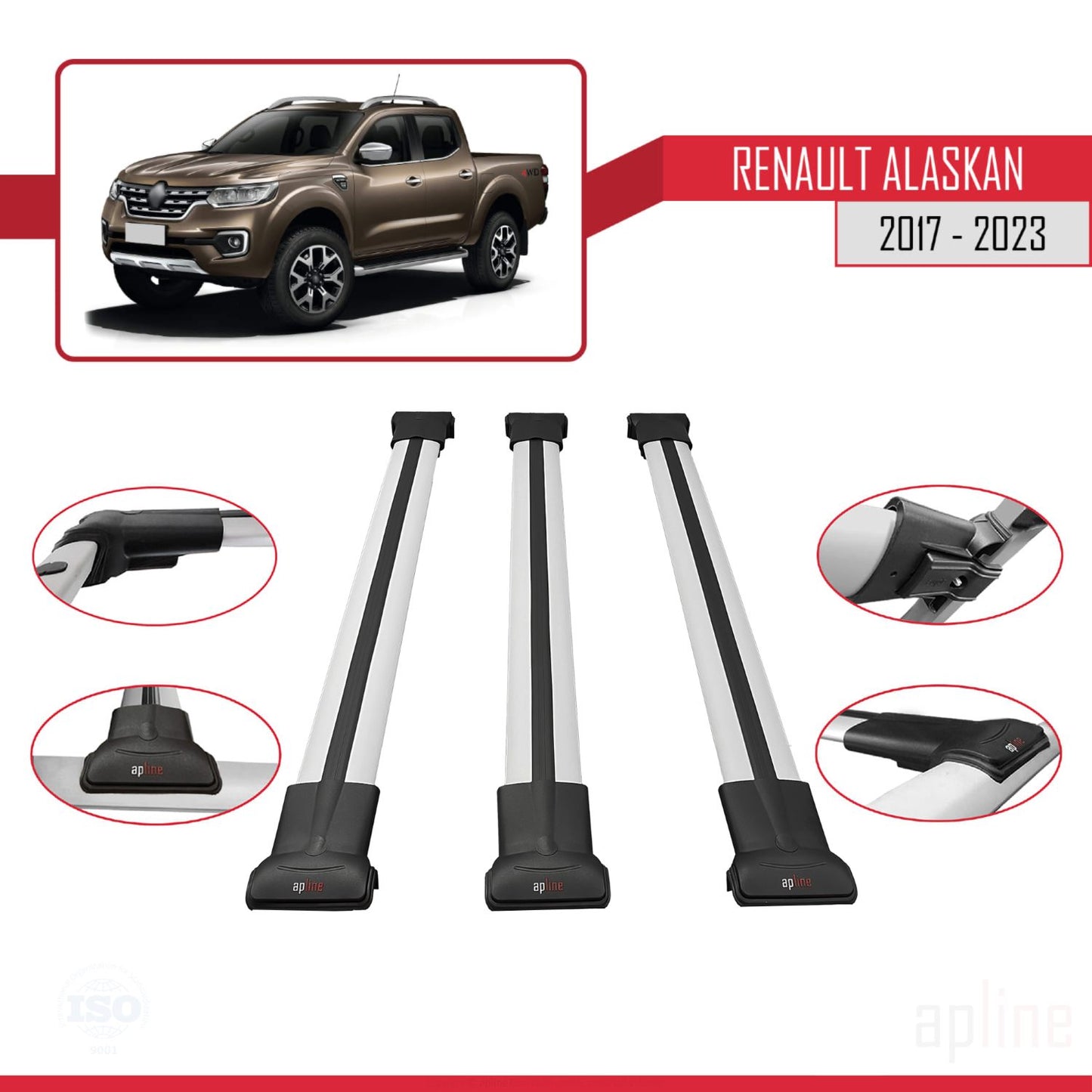 Compatible avec Renault Alaskan 2017-2023 FLY Model Barres de Toit Railing Porte-Bagages de Voiture Gris Aluminium 3 Barres