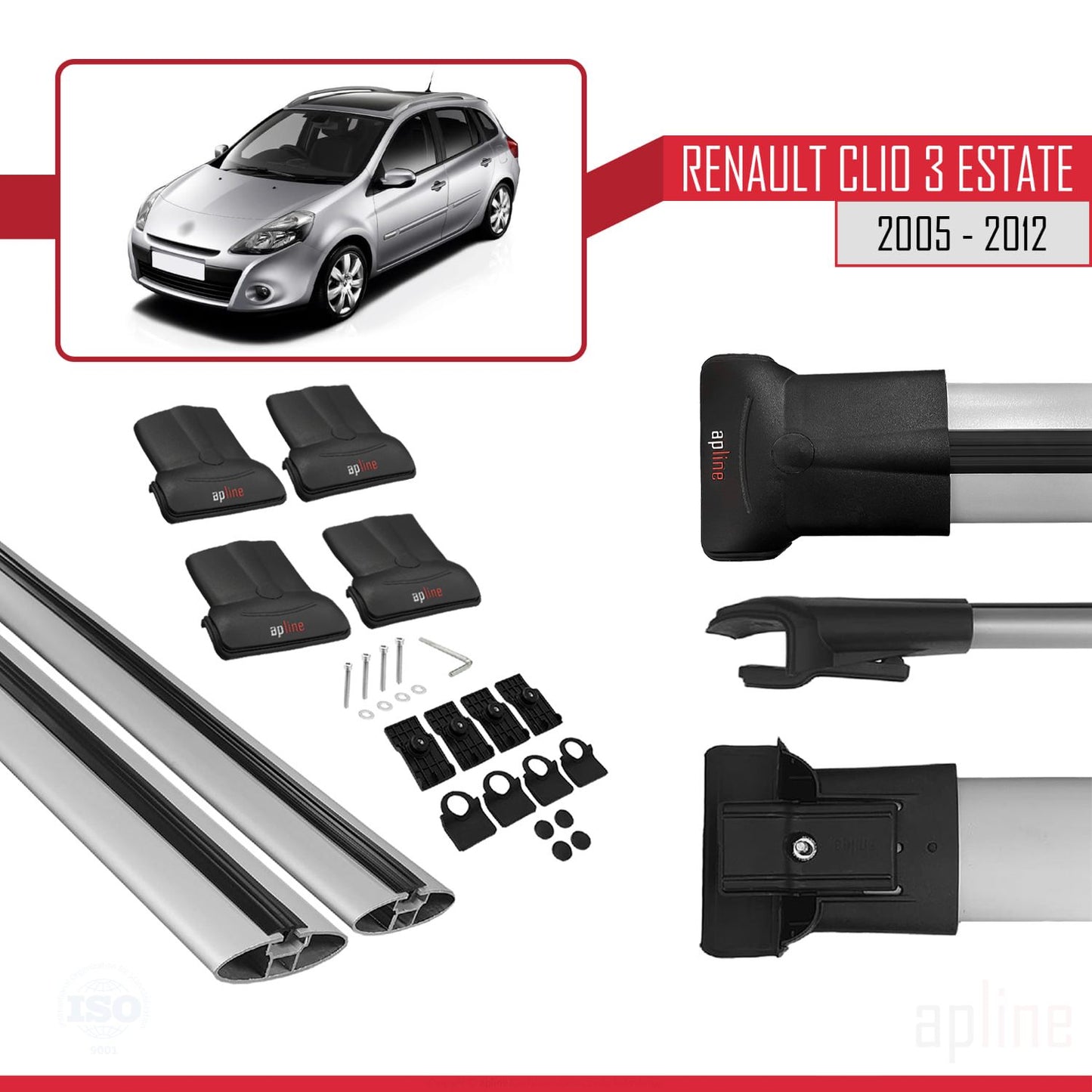 Compatible avec Renault Clio 3 Estate 2005-2012 FLY Model Barres de Toit Railing Porte-Bagages de Voiture Gris Aluminium 2 Barres