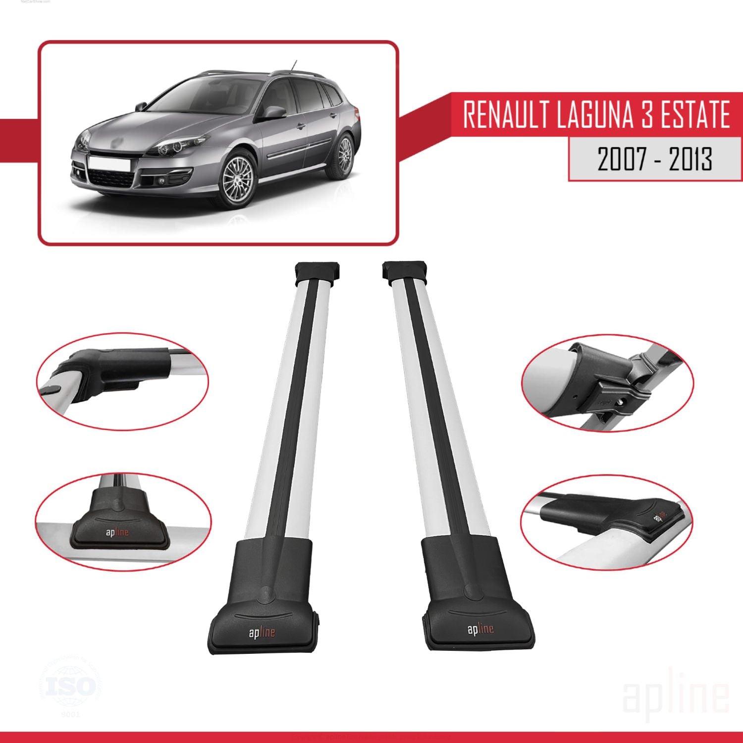 Compatible avec Renault Laguna 3 Estate 2007-2013 FLY Model Barres de Toit Railing Porte-Bagages de Voiture Gris Aluminium 2 Barres