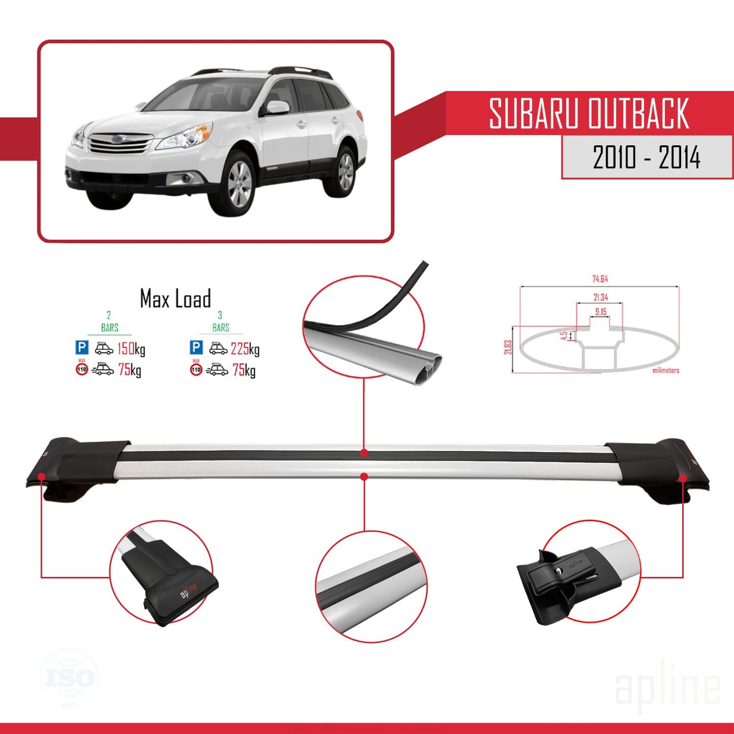 Compatible avec Subaru Outback 2010-2014 FLY Model Barres de Toit Railing Porte-Bagages de Voiture Gris Aluminium 2 Barres