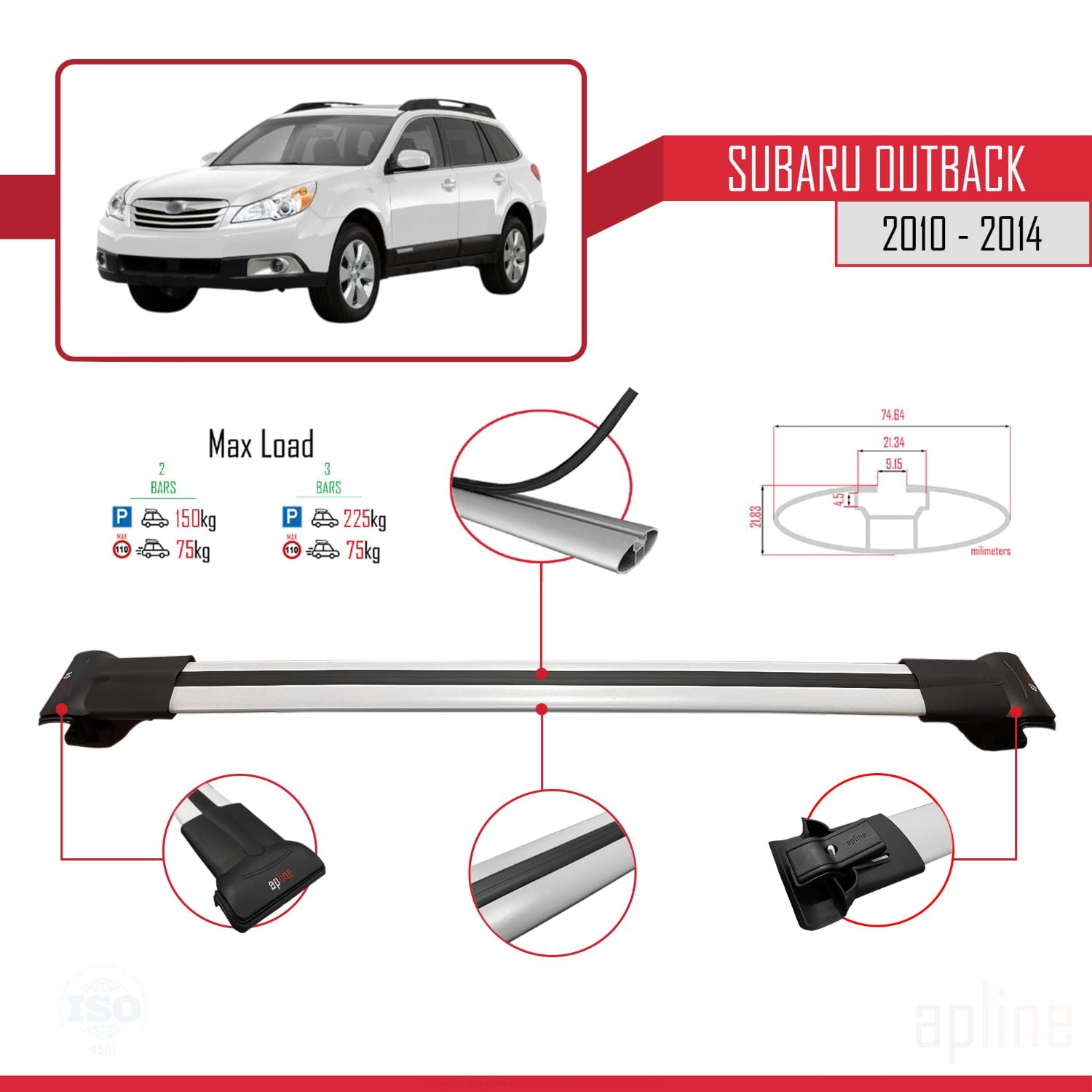 Compatible avec Subaru Outback 2010-2014 FLY Model Barres de Toit Railing Porte-Bagages de Voiture Gris Aluminium 2 Barres
