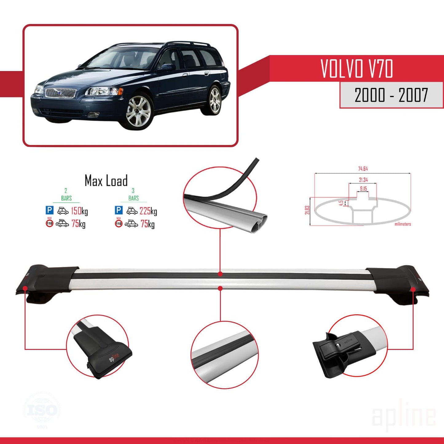 Compatible avec Volvo V70 2000-2007 FLY Model Barres de Toit Railing Porte-Bagages de Voiture Gris Aluminium 3 Barres