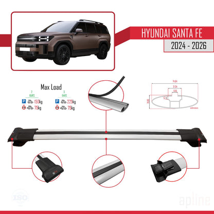 Compatible avec Hyundai Santa Fe 2024-2025 FLY Model Barres de Toit Railing Porte-Bagages de Voiture Gris Aluminium 3 Barres