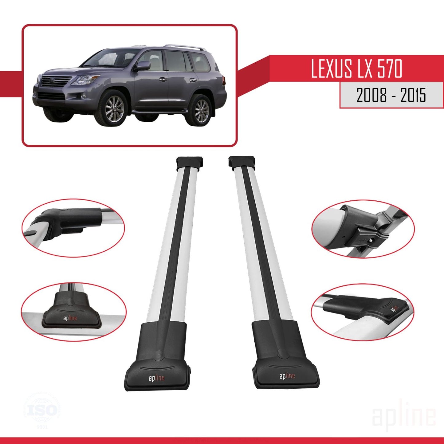 Compatible avec Lexus LX 570 2008-2015 FLY Model Barres de Toit Railing Porte-Bagages de Voiture Gris Aluminium 2 Barres