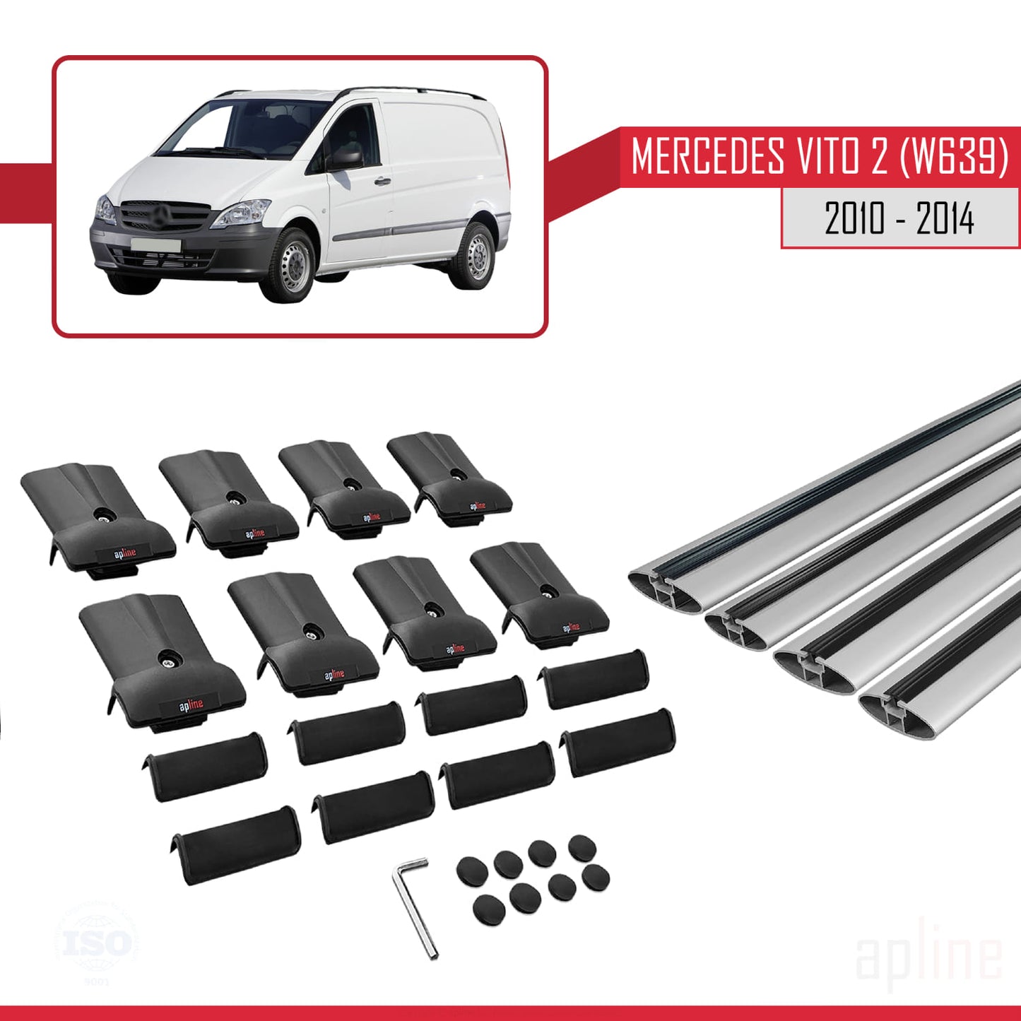 Compatible avec Mercedes Vito 2 (W639) Post-Facelift 2010-2014 FLY Model Barres de Toit Railing Porte-Bagages de Voiture Gris Aluminium 4 Barres