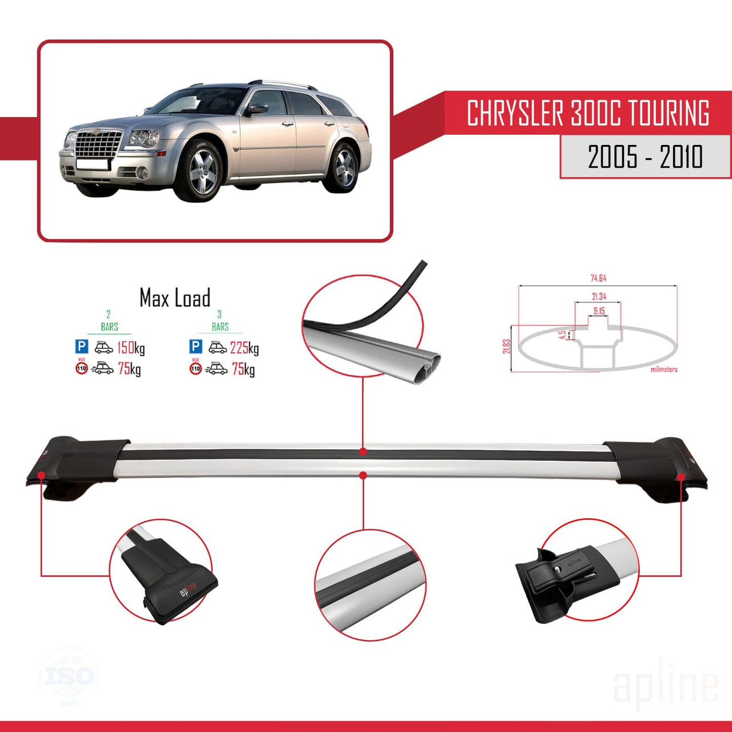 Compatible avec Chrysler 300C Touring 2005-2010 FLY Model Barres de Toit Railing Porte-Bagages de Voiture Gris Aluminium 2 Barres