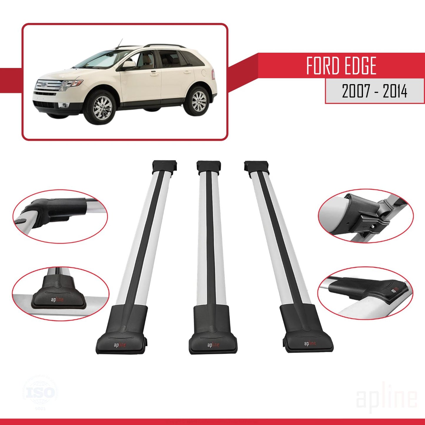 Compatible avec Ford Edge 2007-2014 FLY Model Barres de Toit Railing Porte-Bagages de Voiture Gris Aluminium 3 Barres