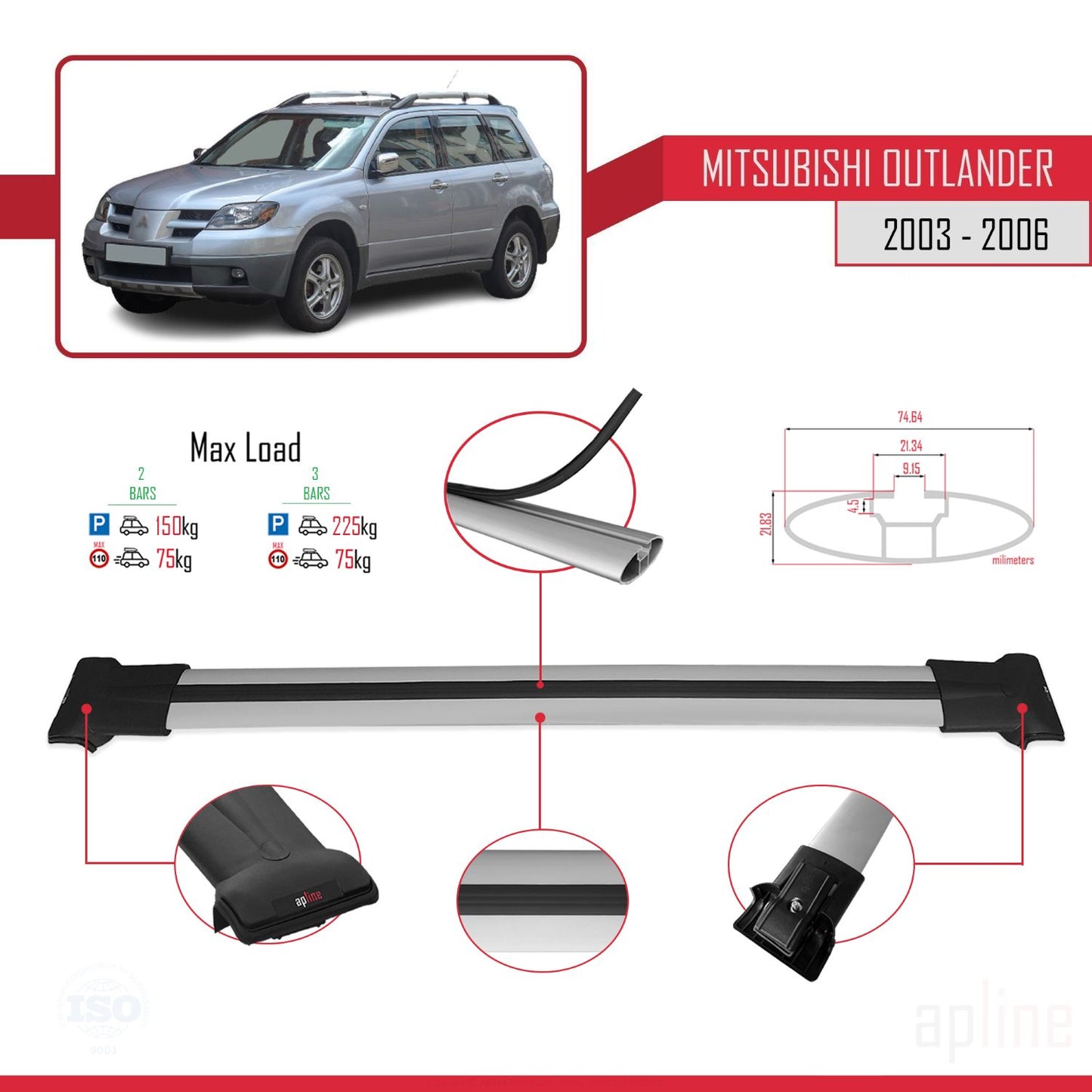 Compatible avec Mitsubishi Outlander 2003-2006 FLY Model Barres de Toit Railing Porte-Bagages de Voiture Gris Aluminium 2 Barres