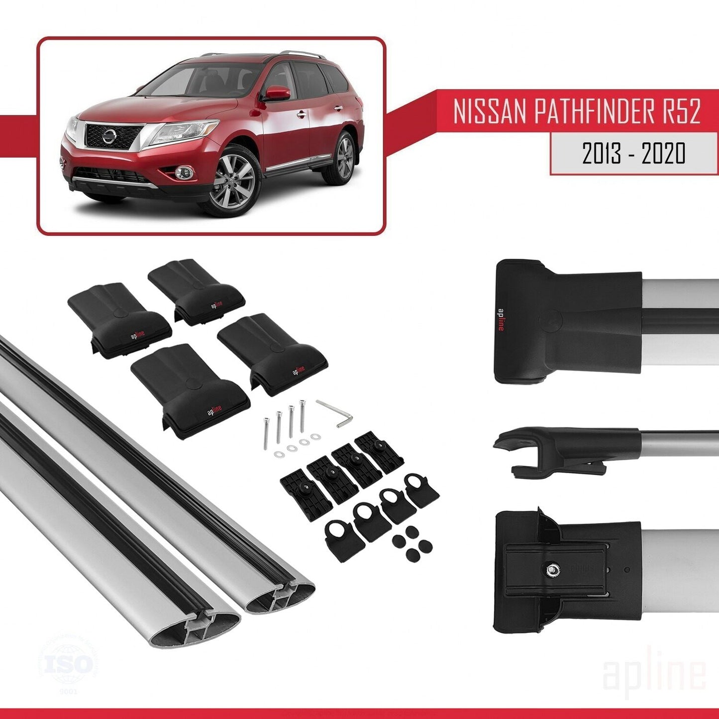 Compatible avec Nissan Pathfinder 4 (R52) 2013-2020 FLY Model Barres de Toit Railing Porte-Bagages de Voiture Gris Aluminium 2 Barres