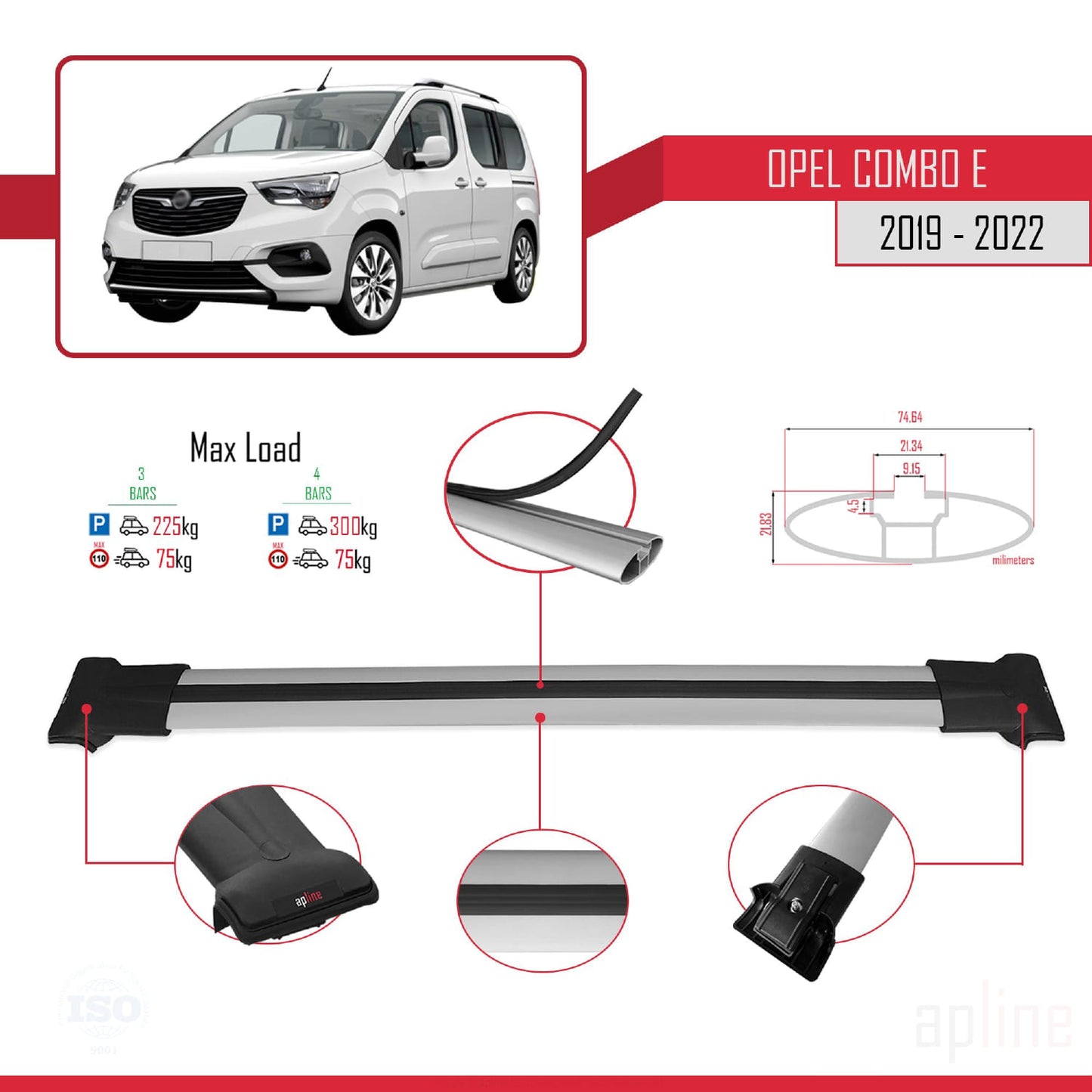 Compatible with Opel Combo E 2019-2022 FLY Model Car Roof Rack Cross Bar Grey Aluminium 3 Bars