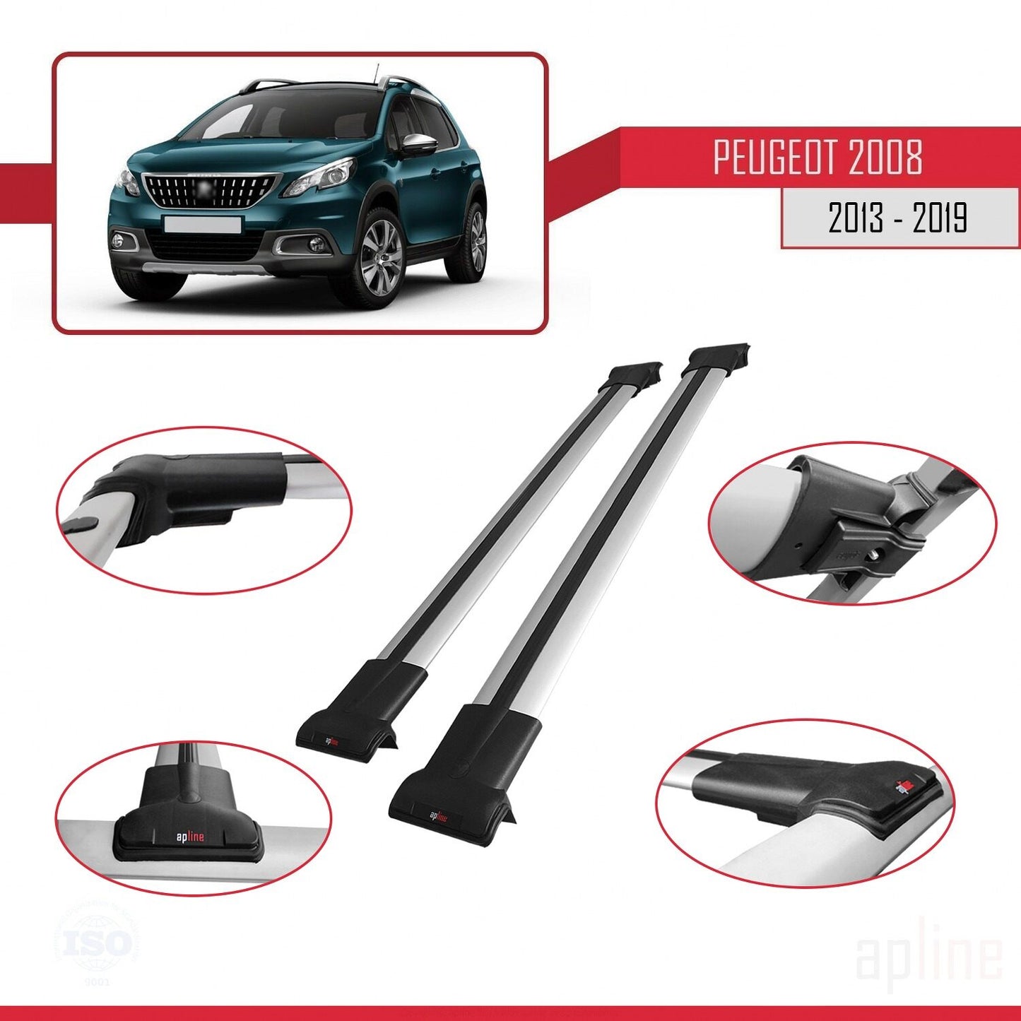 Compatible avec Peugeot 2008 (A94) 2013-2019 FLY Model Barres de Toit Railing Porte-Bagages de Voiture Gris Aluminium 2 Barres