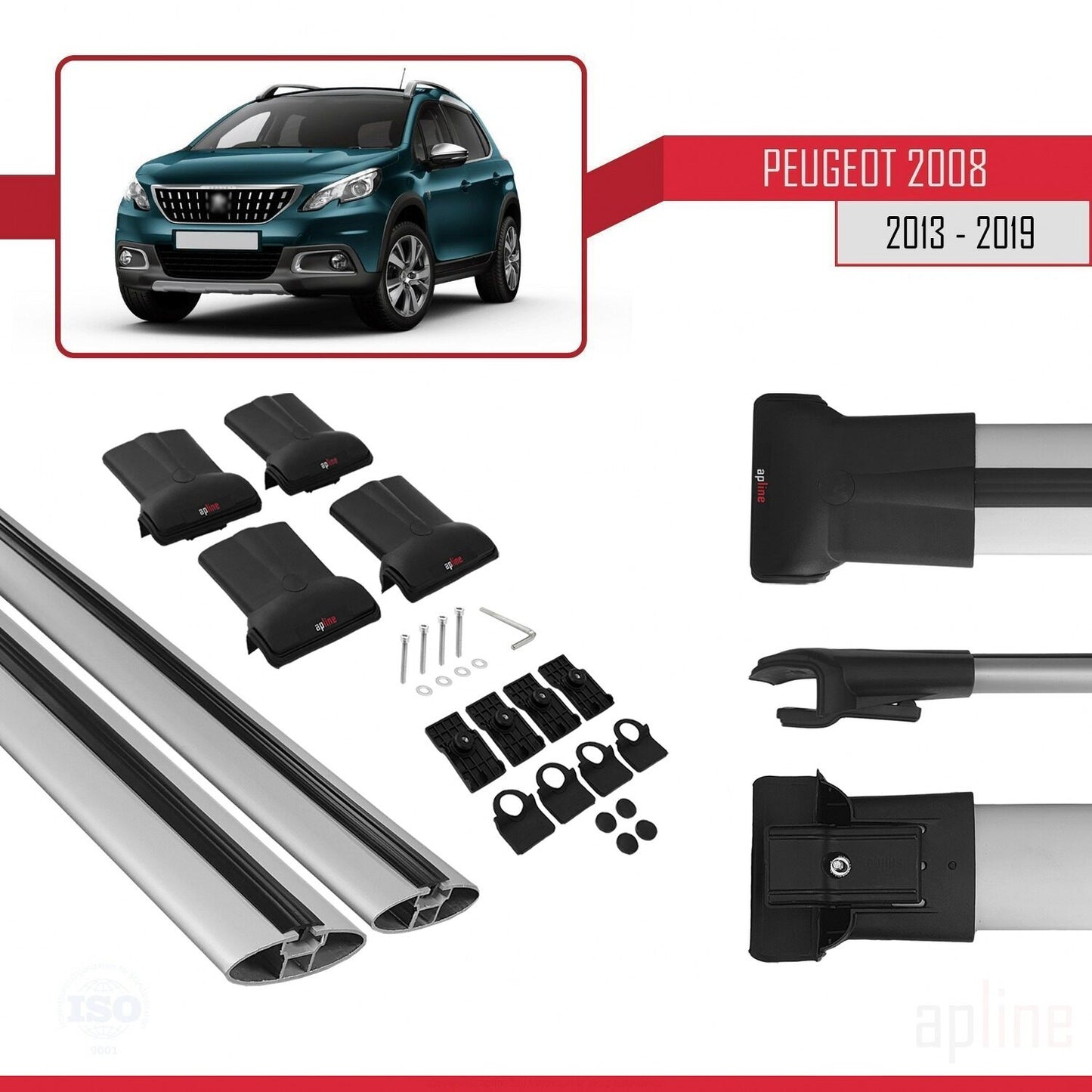 Compatible avec Peugeot 2008 (A94) 2013-2019 FLY Model Barres de Toit Railing Porte-Bagages de Voiture Gris Aluminium 2 Barres