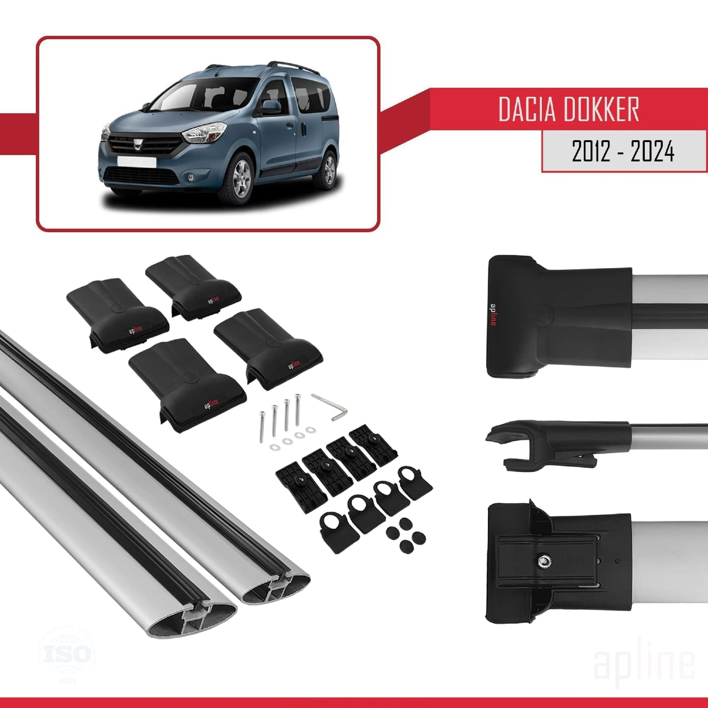 Compatible avec Dacia Dokker (K67) 2012-2023 FLY Model Barres de Toit Railing Porte-Bagages de Voiture Gris Aluminium 2 Barres