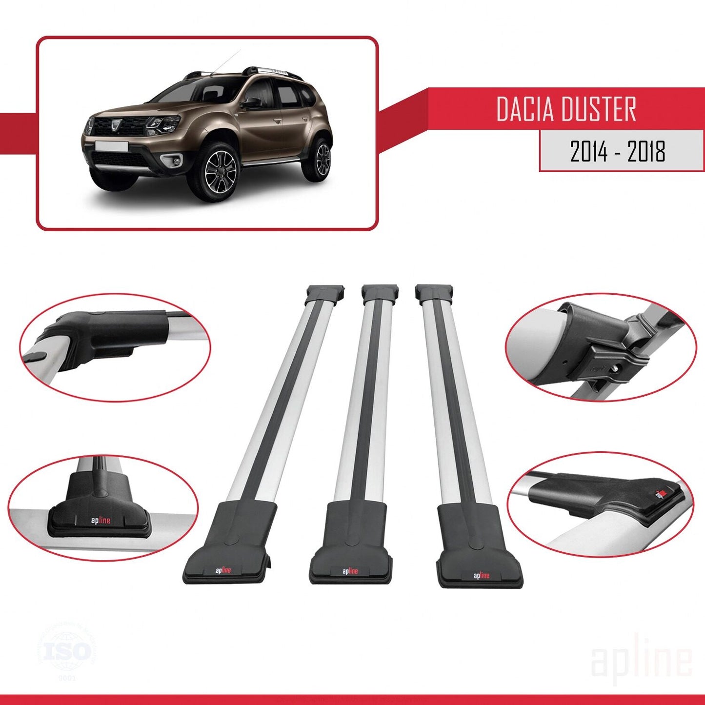 Compatible avec Dacia Duster (HS) Post-Facelift 2014-2017 FLY Model Barres de Toit Railing Porte-Bagages de Voiture Gris Aluminium 3 Barres