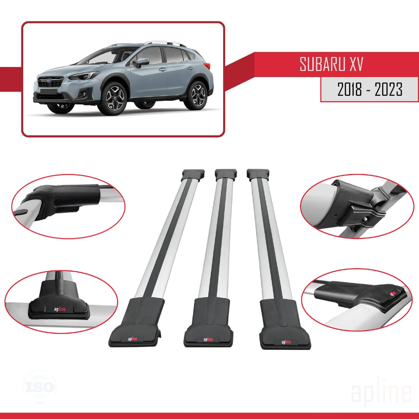 Compatible with Subaru XV 2 2018-2023 FLY Model Car Roof Rack Cross Bar Grey Aluminium 3 Bars