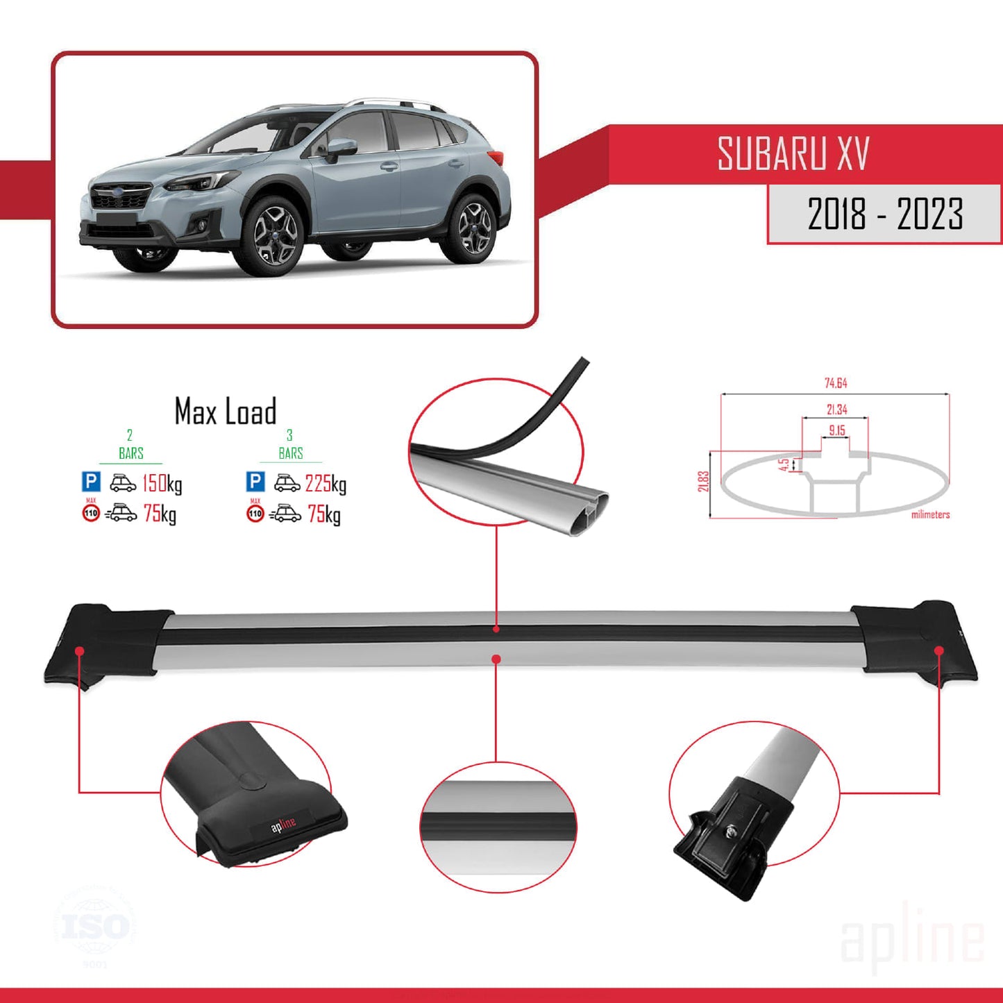 Compatible avec Subaru XV 2 2018-2023 FLY Model Barres de Toit Railing Porte-Bagages de Voiture Gris Aluminium 2 Barres