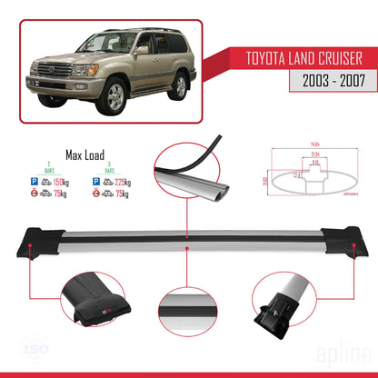 Compatible avec Toyota Land Cruiser (J100) 2003-2007 FLY Model Barres de Toit Railing Porte-Bagages de Voiture Gris Aluminium 2 Barres