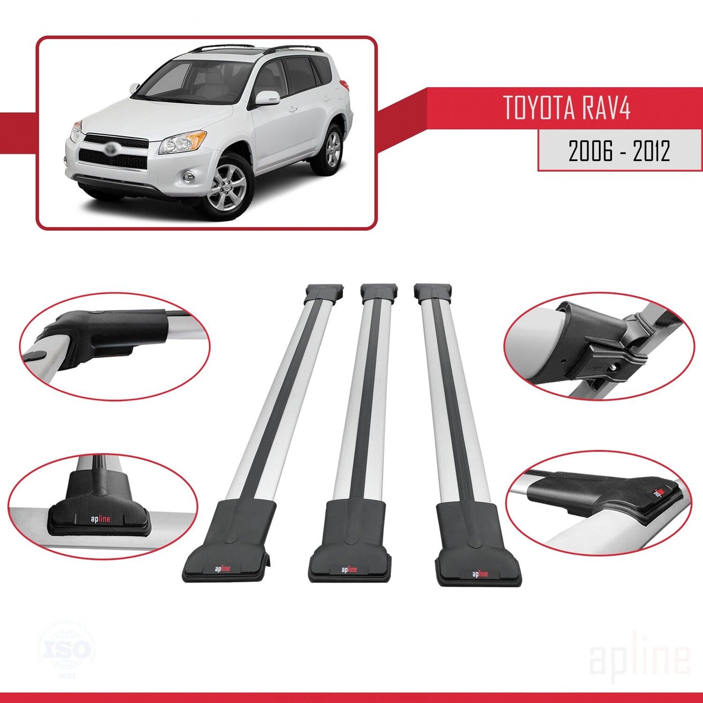 Compatible avec Toyota RAV4 III (XA30) 2006-2012 FLY Model Barres de Toit Railing Porte-Bagages de Voiture Gris Aluminium 3 Barres