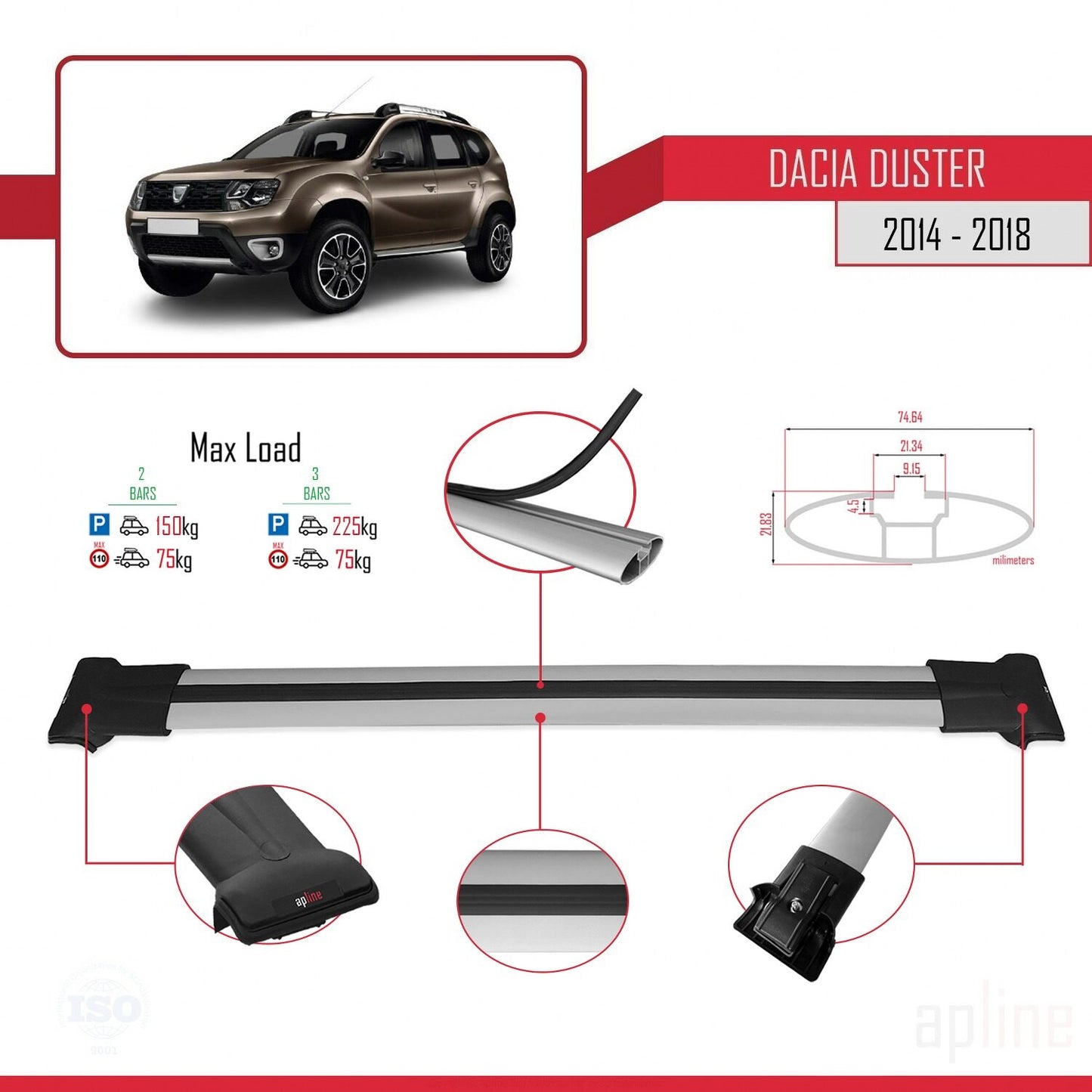 Compatible avec Dacia Duster (HS) Post-Facelift 2014-2017 FLY Model Barres de Toit Railing Porte-Bagages de Voiture Gris Aluminium 2 Barres