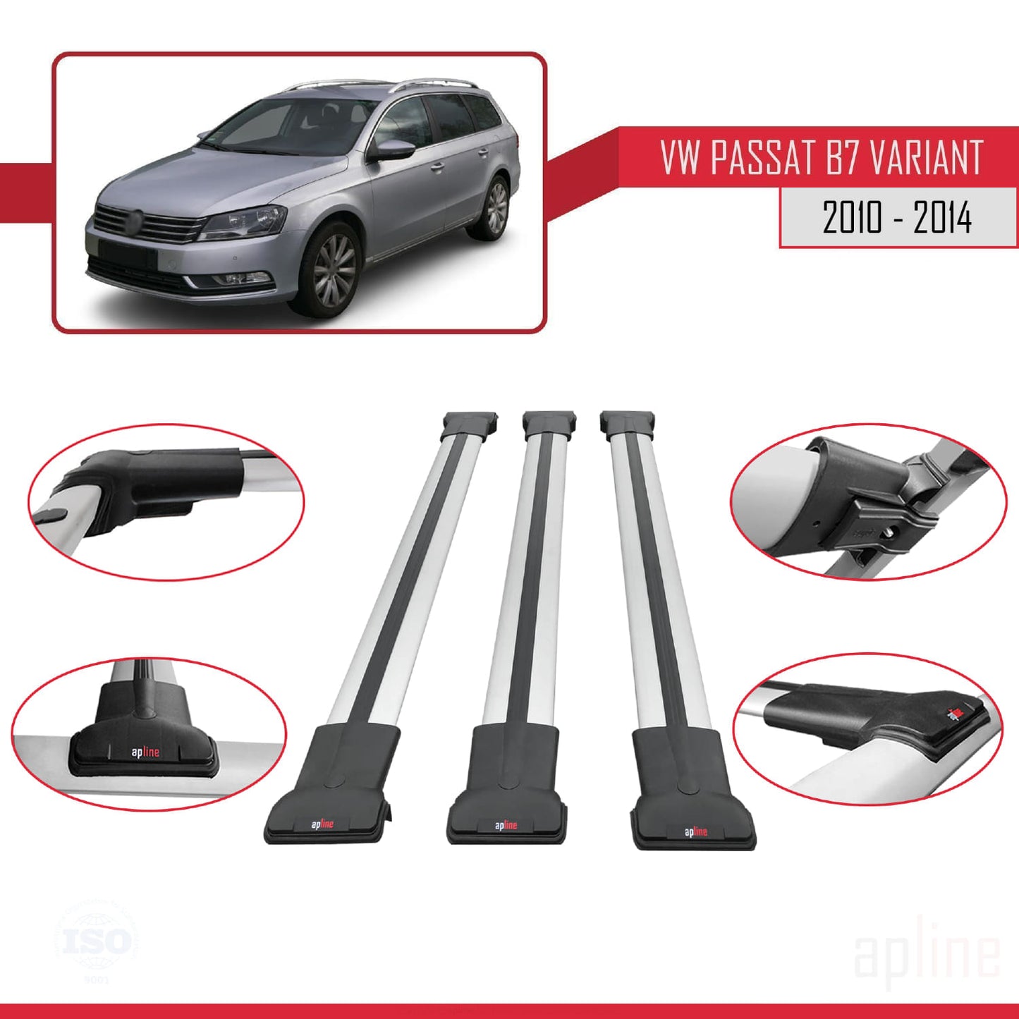 Compatible avec Volkswagen Passat B7 (3C) Variant 2010-2014 FLY Model Barres de Toit Railing Porte-Bagages de Voiture Gris Aluminium 3 Barres