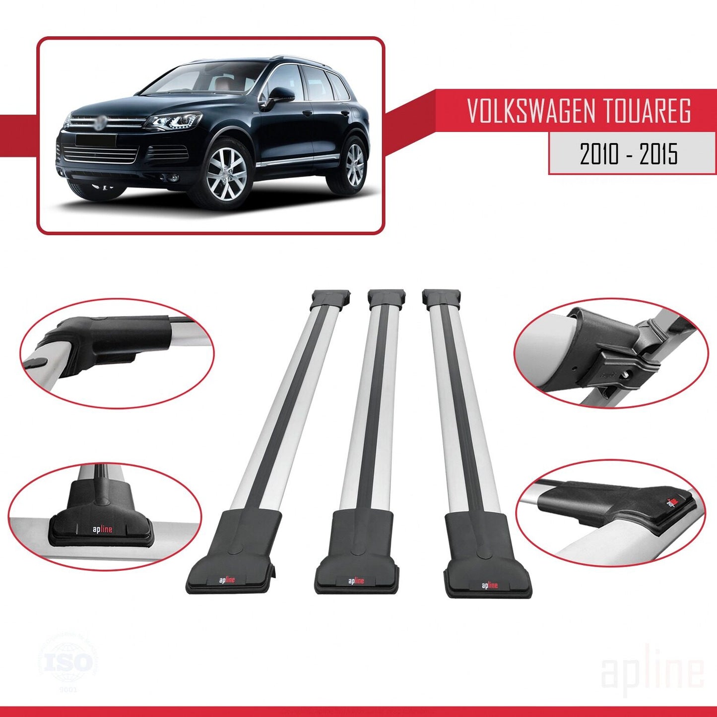Compatible avec Volkswagen Touareg 2 (7P) Pre-Facelift 2010-2015 FLY Model Barres de Toit Railing Porte-Bagages de Voiture Gris Aluminium 3 Barres
