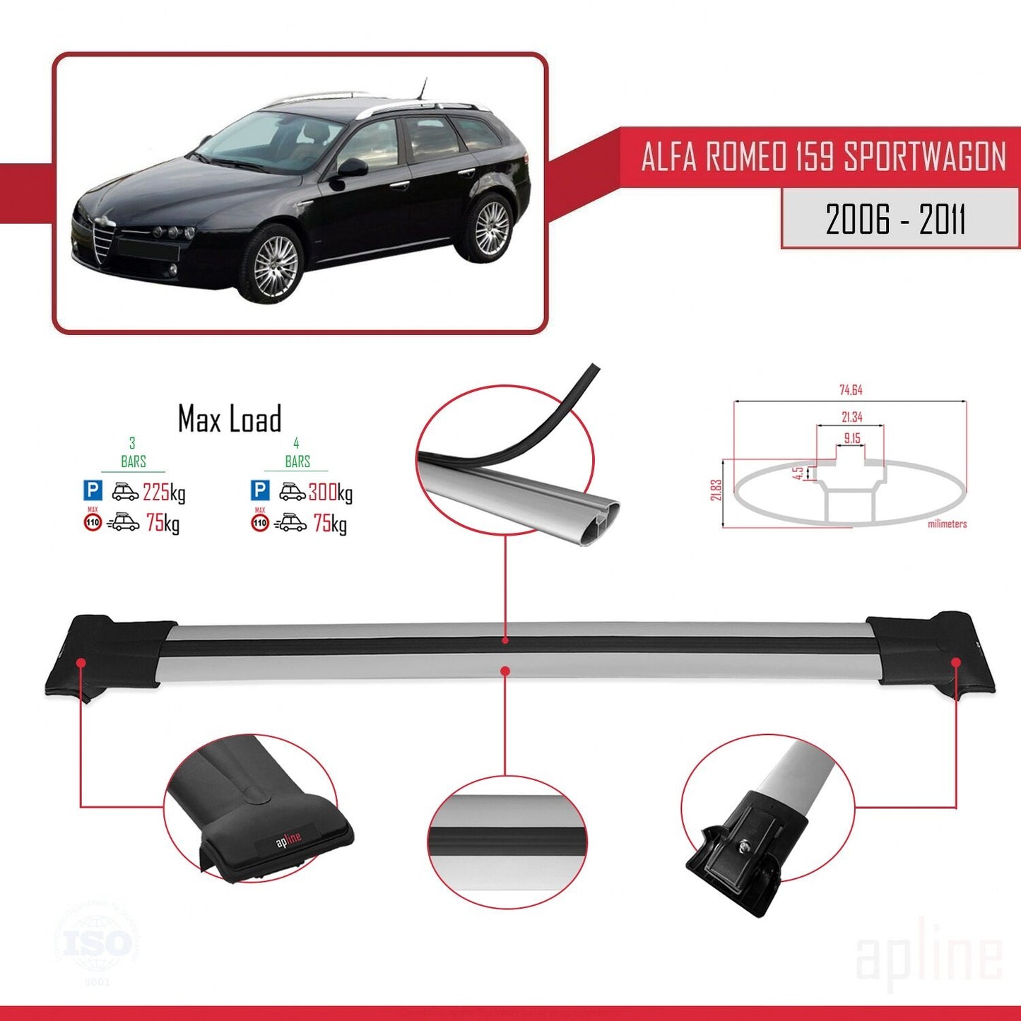 Compatible avec Alfa Romeo 159 (T939) Break 2006-2011 FLY Model Barres de Toit Railing Porte-Bagages de Voiture Gris Aluminium 3 Barres