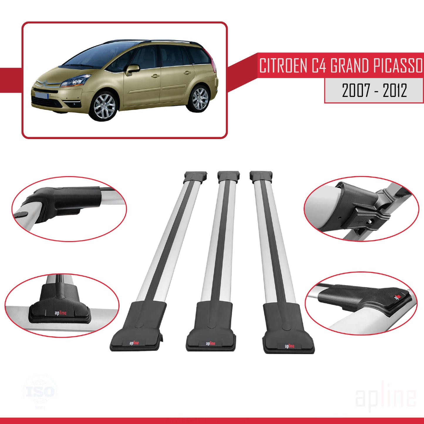 Compatible avec Citroen Grand C4 Picasso 2007-2012 FLY Model Barres de Toit Railing Porte-Bagages de Voiture Gris Aluminium 3 Barres