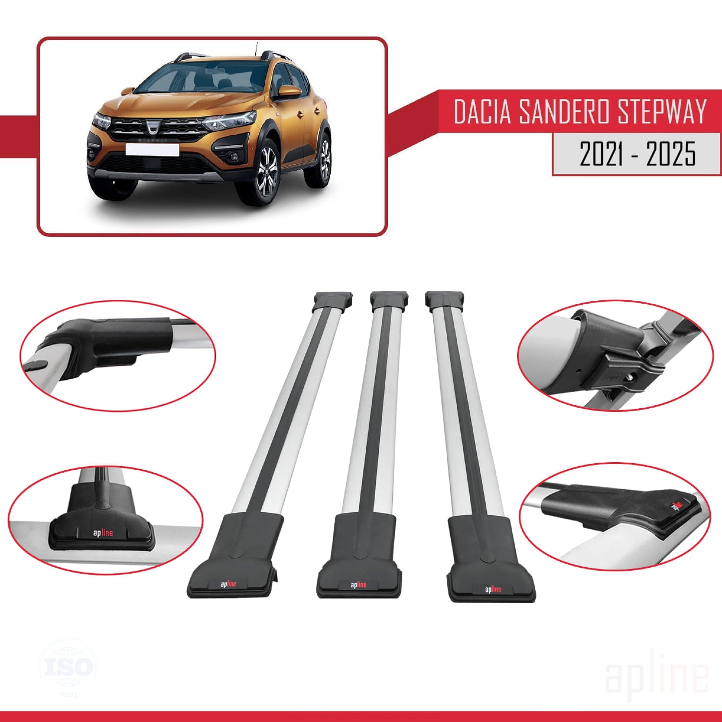 Compatible avec Dacia Sandero Stepway 3 2021-2025 FLY Model Barres de Toit Railing Porte-Bagages de Voiture Gris Aluminium 3 Barres