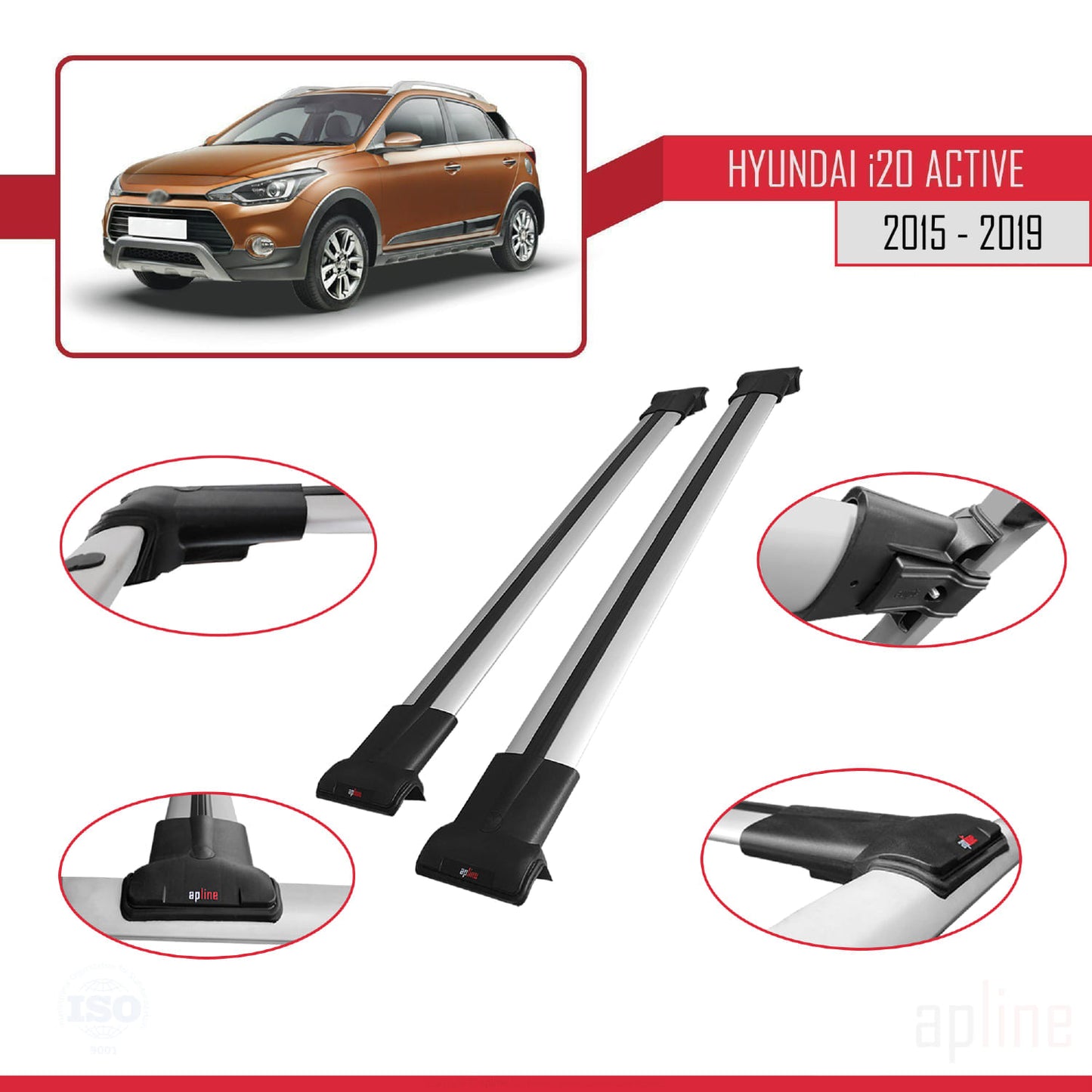 Compatible avec Hyundai i20 II Active 2015-2019 FLY Model Barres de Toit Railing Porte-Bagages de Voiture Gris Aluminium 2 Barres