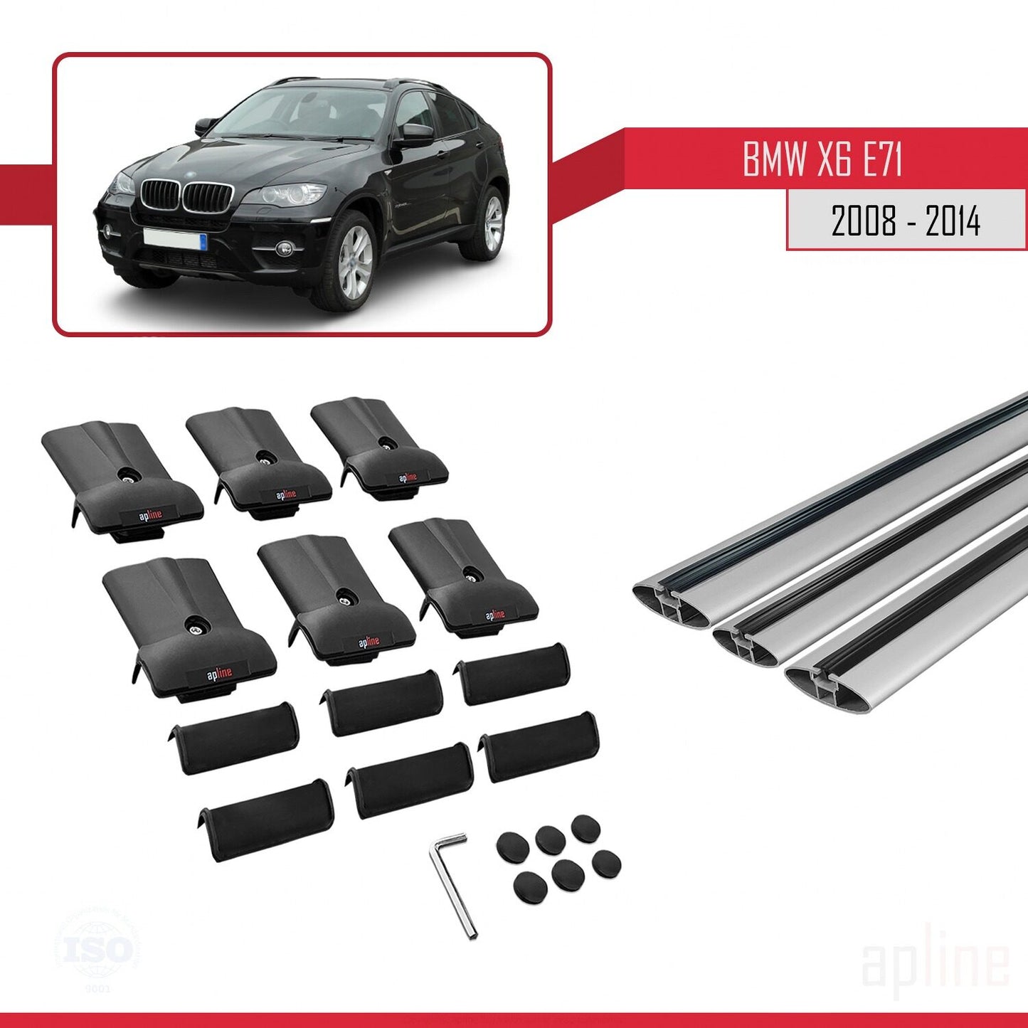 Compatible avec BMW X6 (E71) 2008-2014 FLY Model Barres de Toit Railing Porte-Bagages de Voiture Gris Aluminium 3 Barres