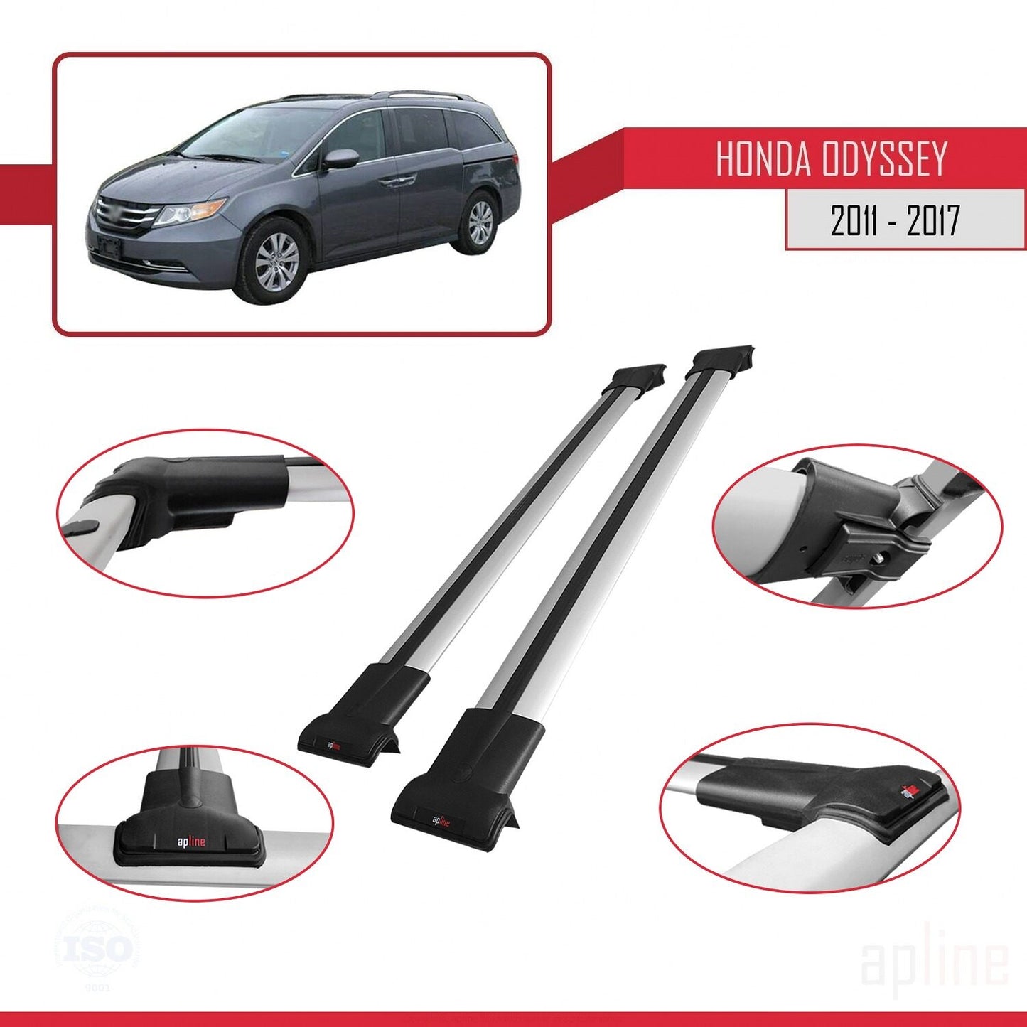 Compatible avec Honda Odyssey 2011-2017 FLY Model Barres de Toit Railing Porte-Bagages de Voiture Gris Aluminium 2 Barres