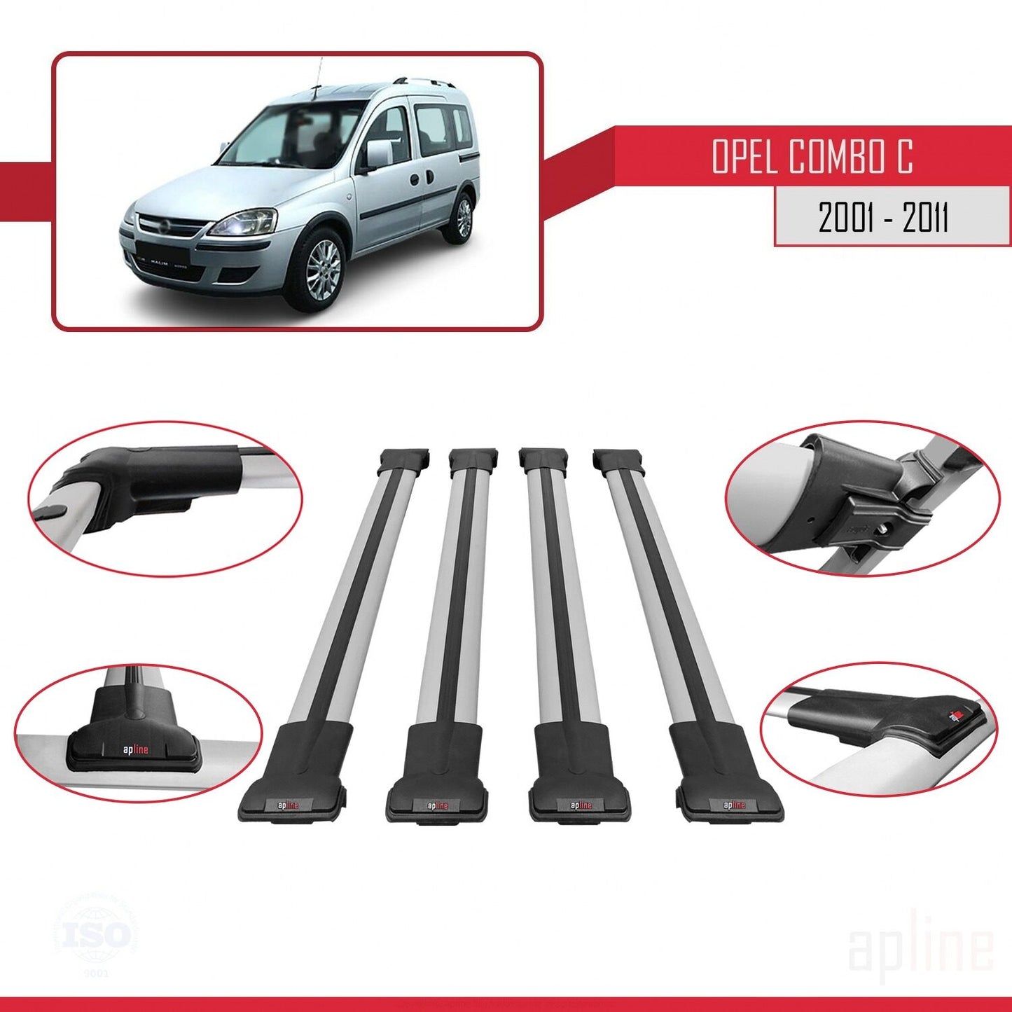 Compatible avec Opel Combo C 2001-2011 FLY Model Barres de Toit Railing Porte-Bagages de Voiture Gris Aluminium 4 Barres