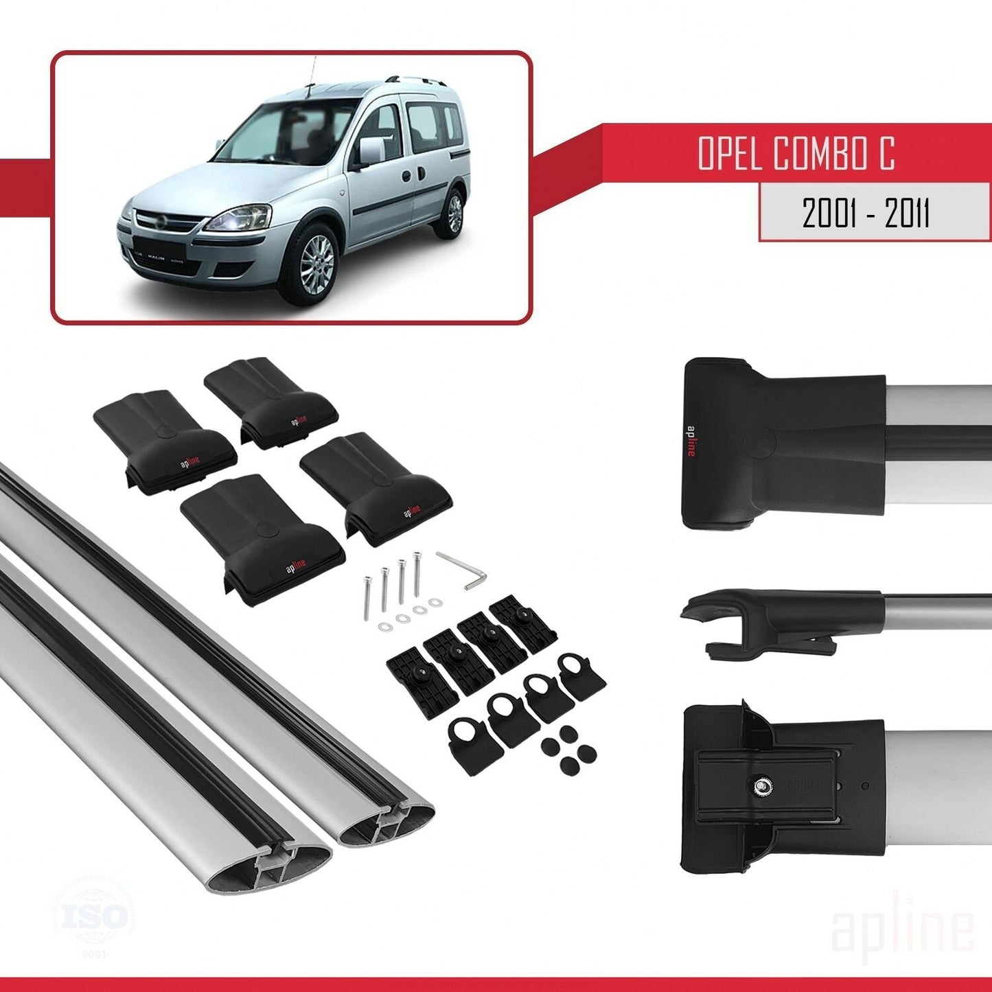 Compatible avec Opel Combo C 2001-2011 FLY Model Barres de Toit Railing Porte-Bagages de Voiture Gris Aluminium 2 Barres