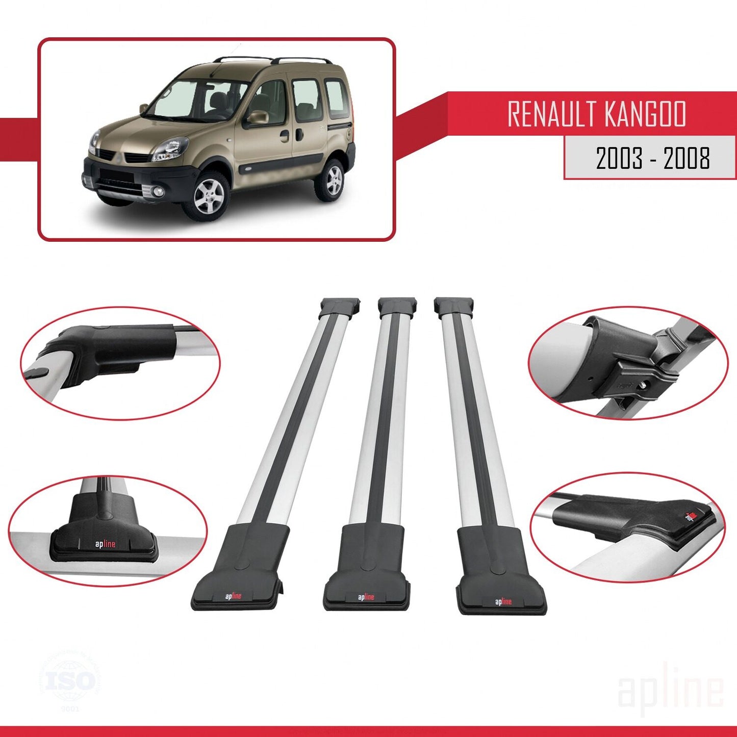 Compatible avec Renault Kangoo (X76) Post-Facelift 2003-2008 FLY Model Barres de Toit Railing Porte-Bagages de Voiture Gris Aluminium 3 Barres