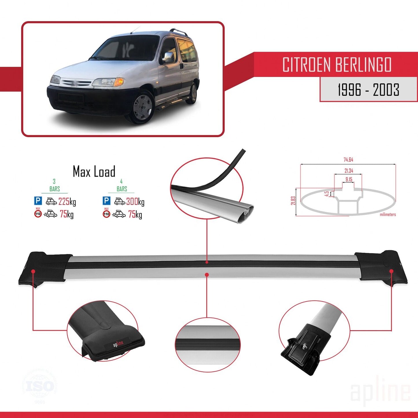 Compatible avec Citroen Berlingo (M49) 1996-2003 FLY Model Barres de Toit Railing Porte-Bagages de Voiture Gris Aluminium 3 Barres