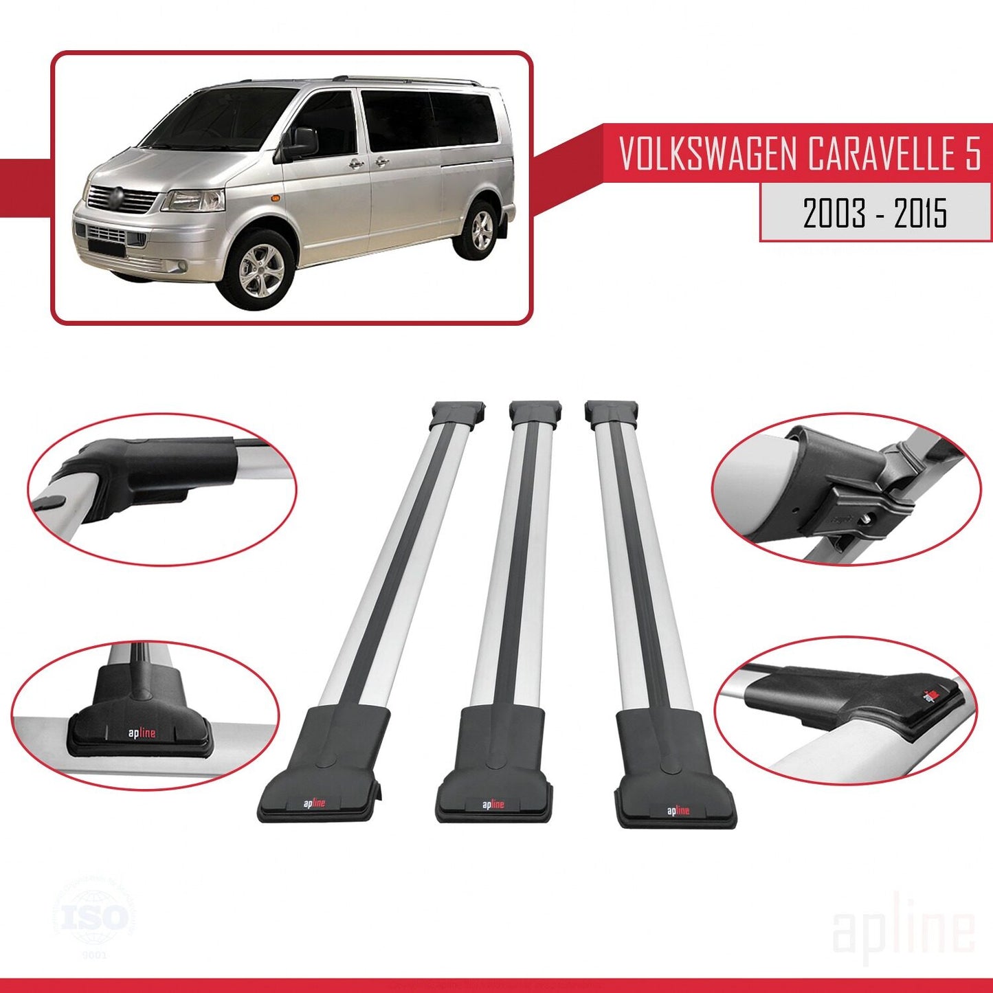 Compatible avec Volkswagen T5 Caravelle 2003-2015 FLY Model Barres de Toit Railing Porte-Bagages de Voiture Gris Aluminium 3 Barres