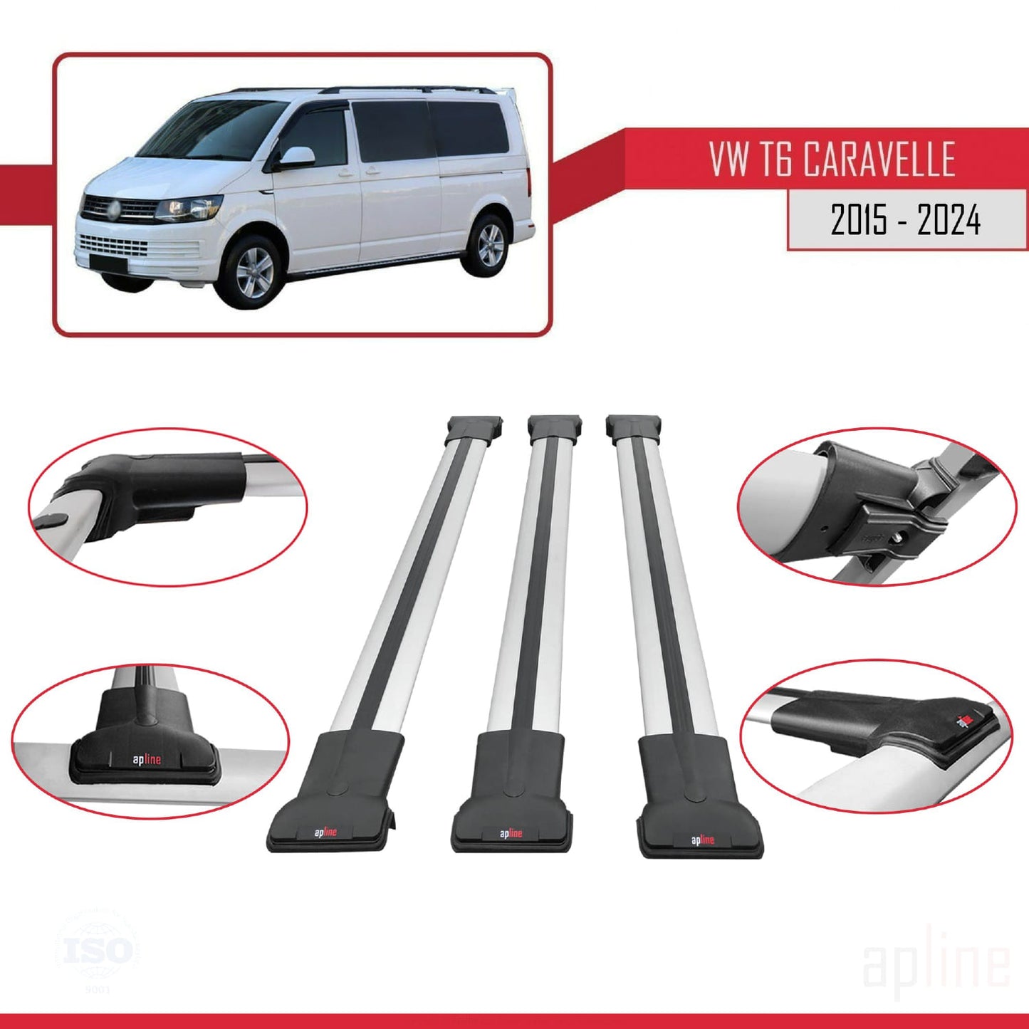 Compatible avec Volkswagen T6 Caravelle 2015-2024 FLY Model Barres de Toit Railing Porte-Bagages de Voiture Gris Aluminium 3 Barres