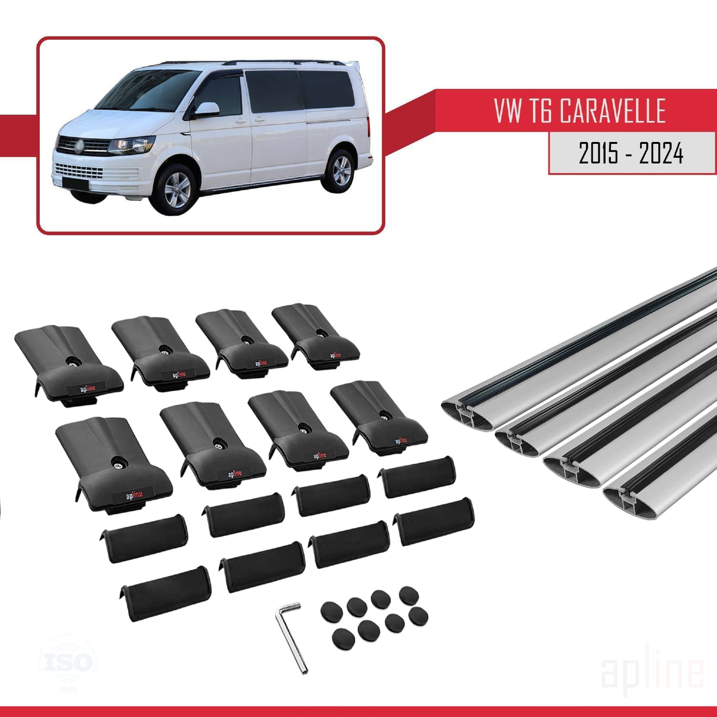 Compatible avec Volkswagen T6 Caravelle 2015-2024 FLY Model Barres de Toit Railing Porte-Bagages de Voiture Gris Aluminium 4 Barres
