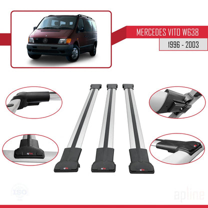Compatible avec Mercedes Vito (W638) 1996-2003 FLY Model Barres de Toit Railing Porte-Bagages de Voiture Gris Aluminium 3 Barres