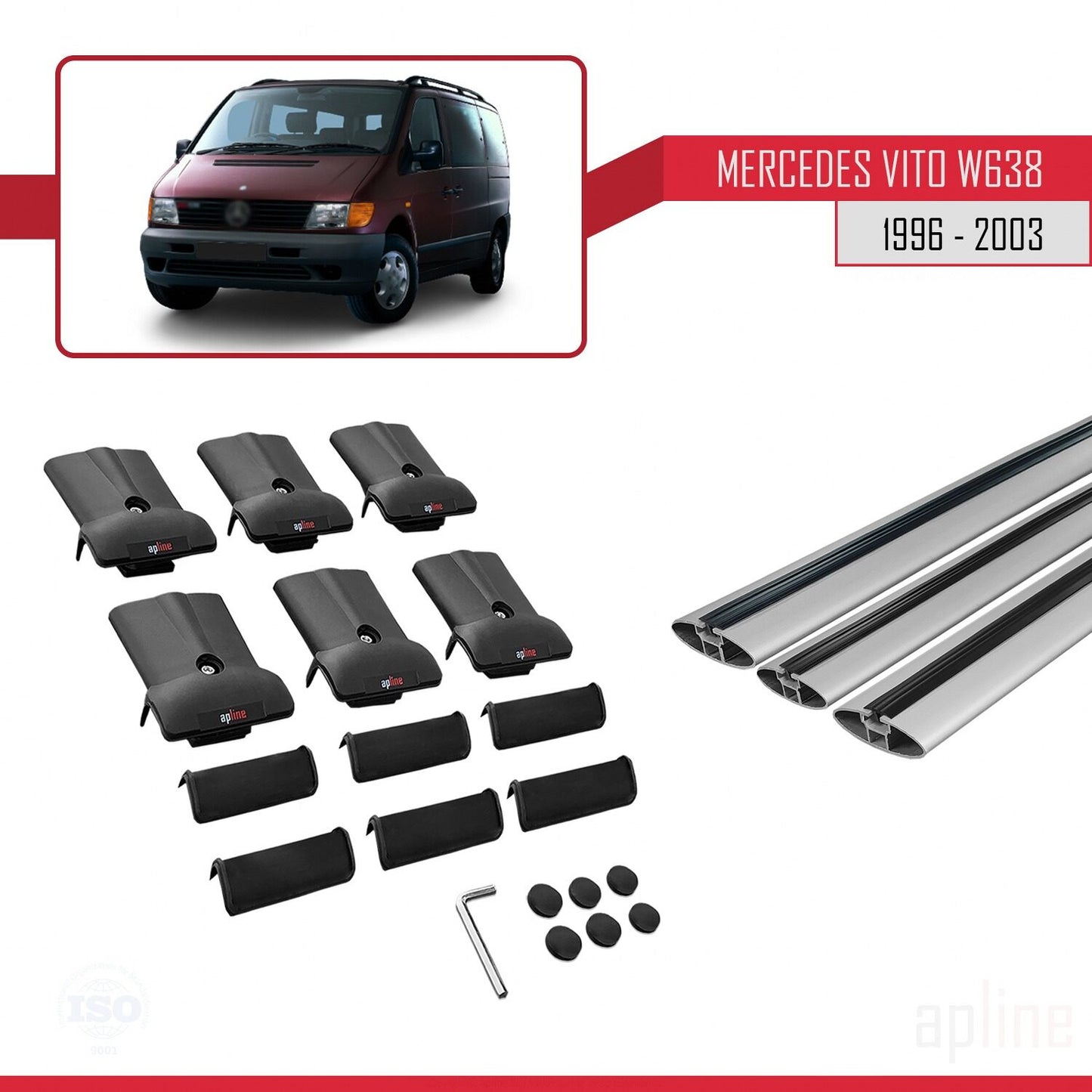 Compatible avec Mercedes Vito (W638) 1996-2003 FLY Model Barres de Toit Railing Porte-Bagages de Voiture Gris Aluminium 3 Barres
